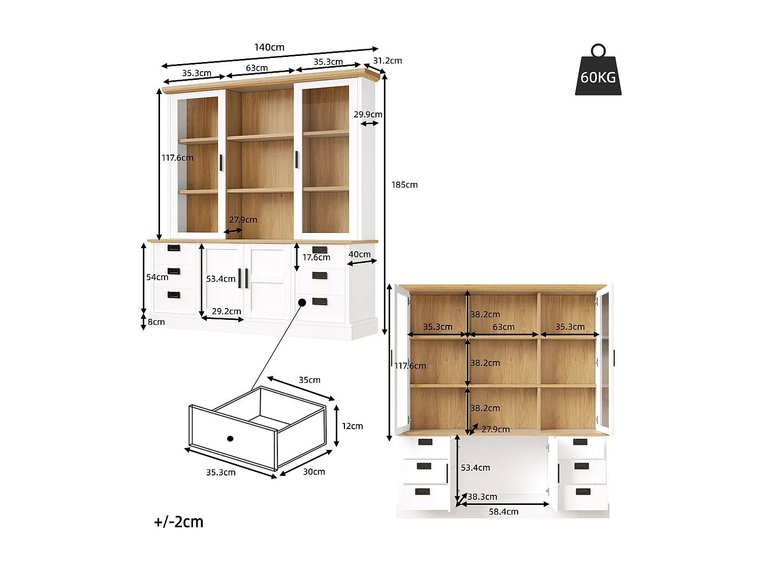 Buffet de cuisine haute - 140 x 40 x 185 cm - avec 6 tiroirs + portes vitrées + étagères - MDF - blanc