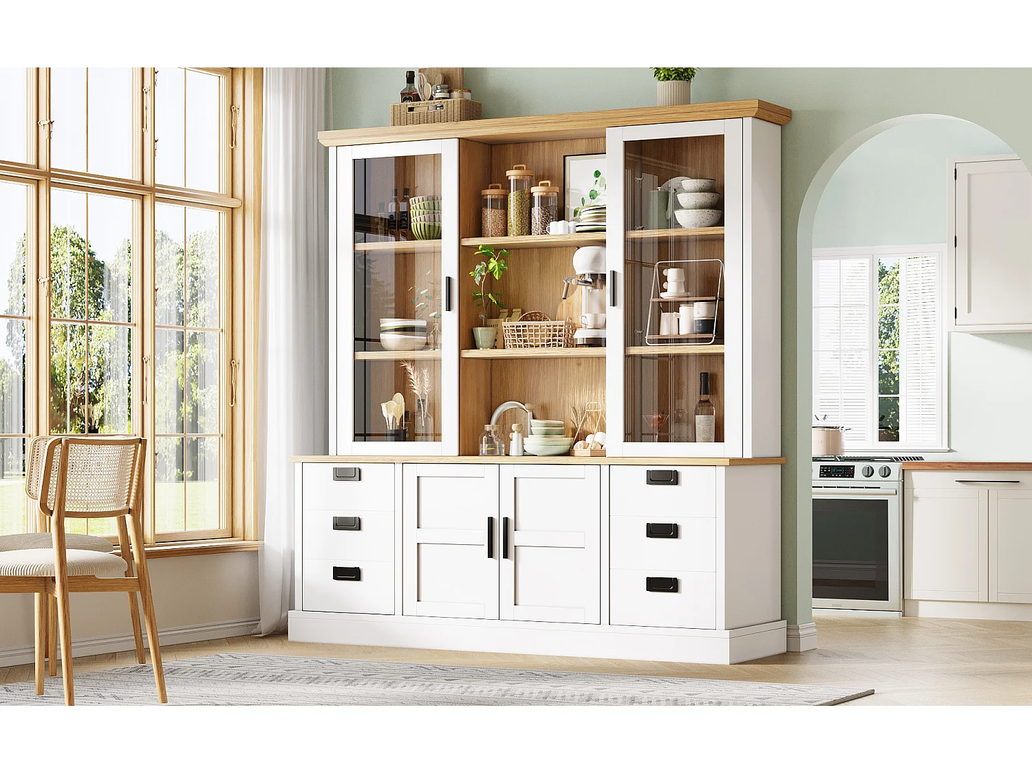 Buffet de cuisine haute - 140 x 40 x 185 cm - avec 6 tiroirs + portes vitrées + étagères - MDF - blanc