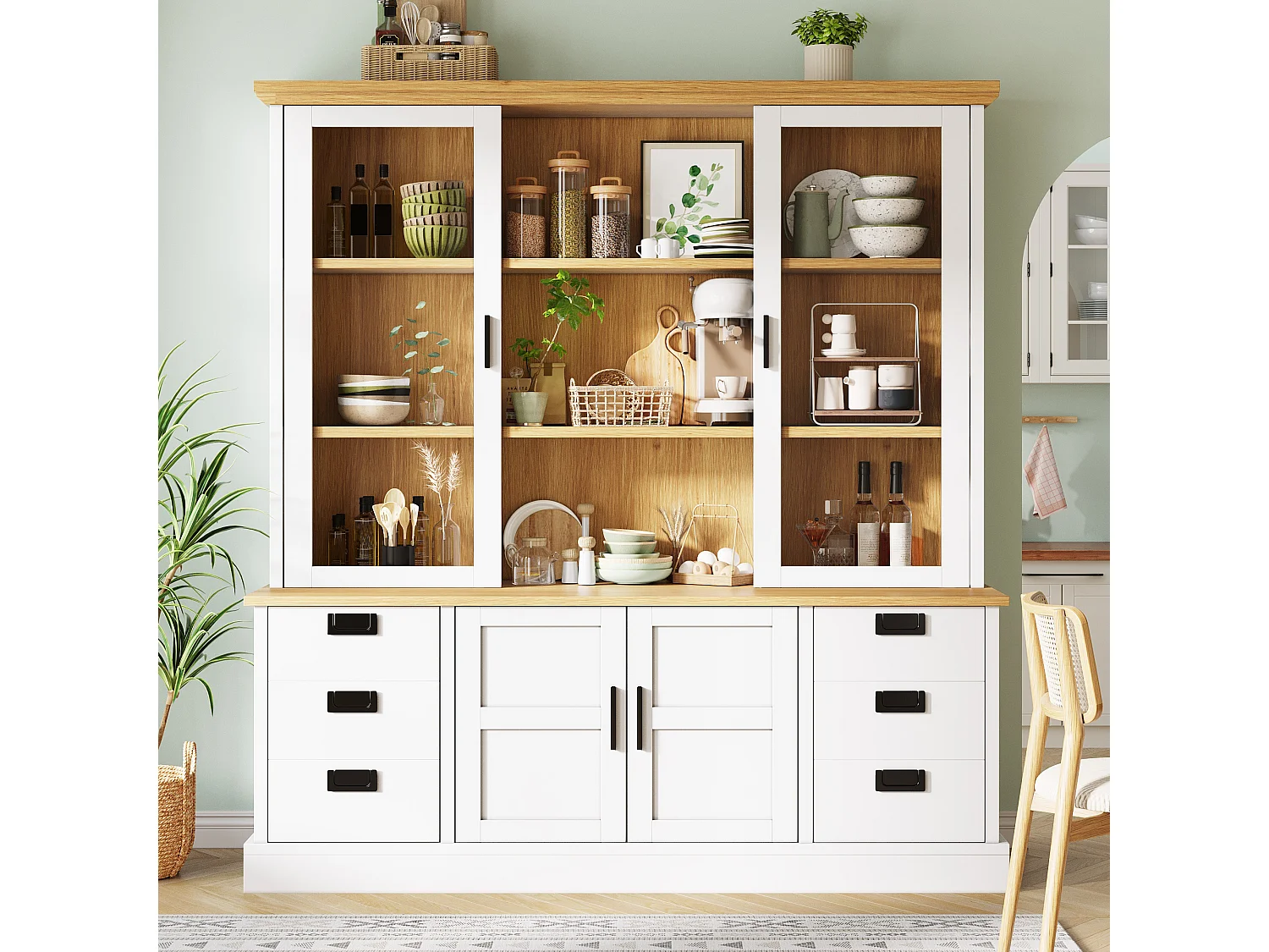 Buffet de cuisine haute - 140 x 40 x 185 cm - avec 6 tiroirs + portes vitrées + étagères - MDF - blanc