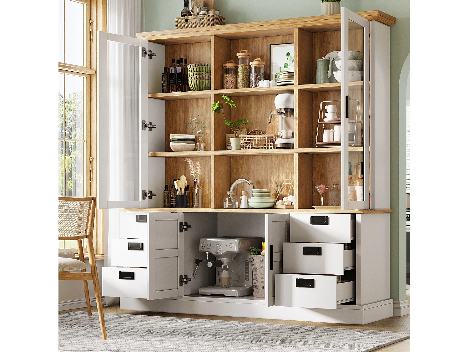 Buffet de cuisine haute - 140 x 40 x 185 cm - avec 6 tiroirs + portes vitrées + étagères - MDF - blanc