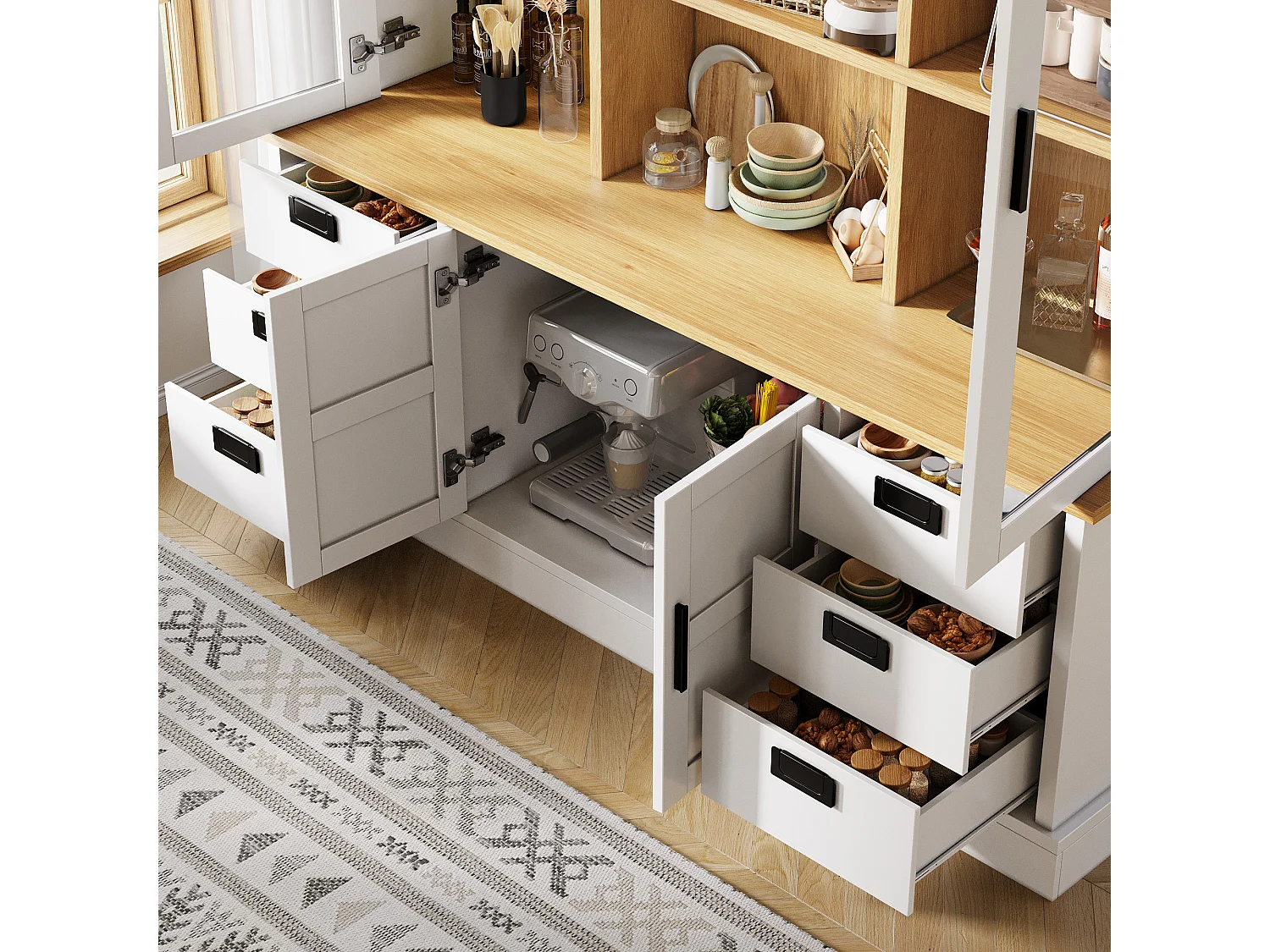 Buffet de cuisine haute - 140 x 40 x 185 cm - avec 6 tiroirs + portes vitrées + étagères - MDF - blanc