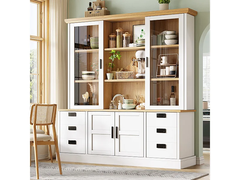 Hoge keukenkast - 140 x 40 x 185 cm - met 6 lades + glazen deuren + planken - MDF - wit