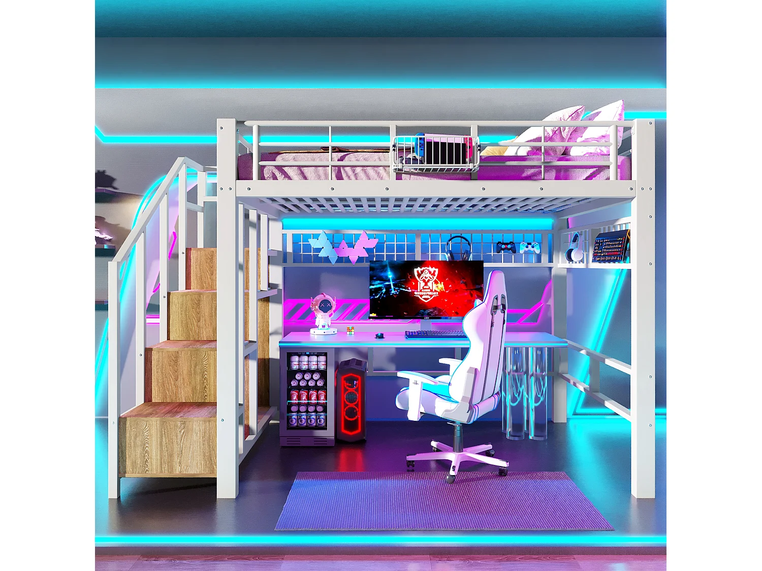 Lit mezzanine en métal pour enfant - 140 x 200 cm - avec Leds + escalier de rangement - blanc