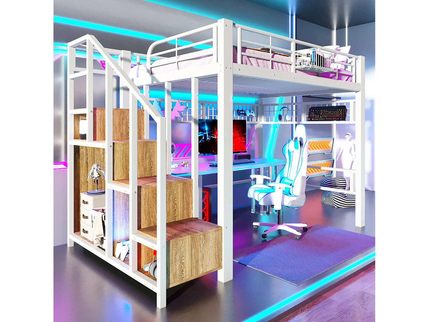 Lit mezzanine en métal pour enfant - 140 x 200 cm - avec Leds + escalier de rangement - blanc