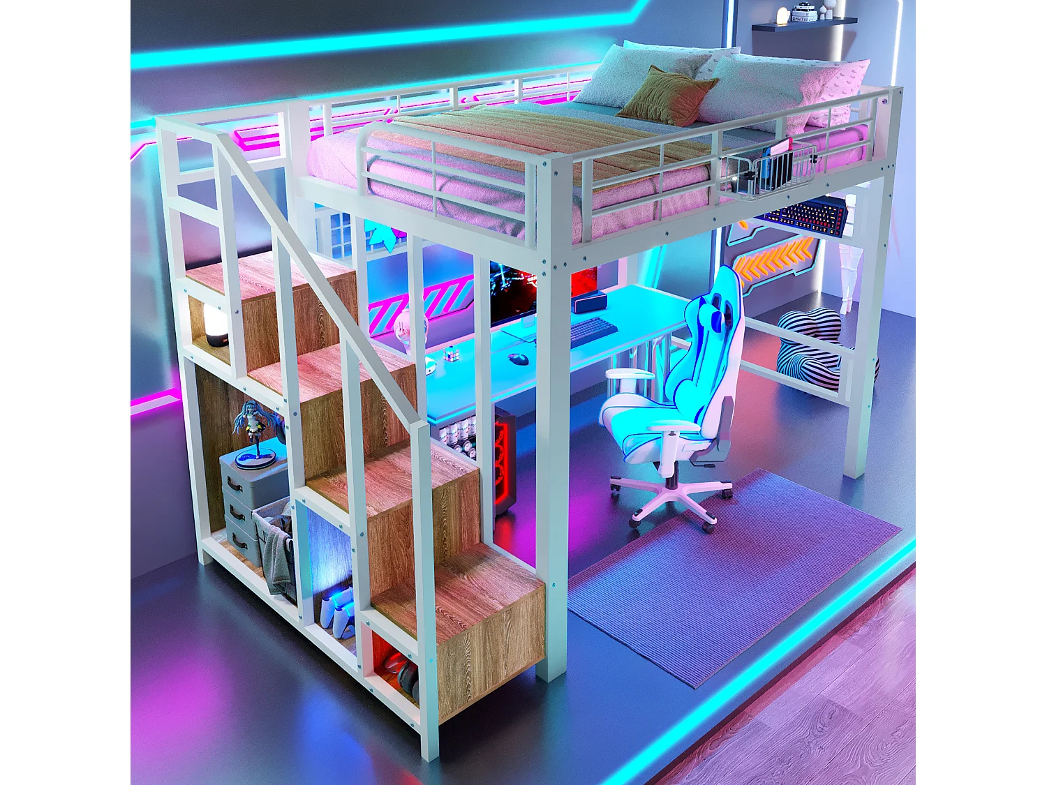 Lit mezzanine en métal pour enfant - 140 x 200 cm - avec Leds + escalier de rangement - blanc