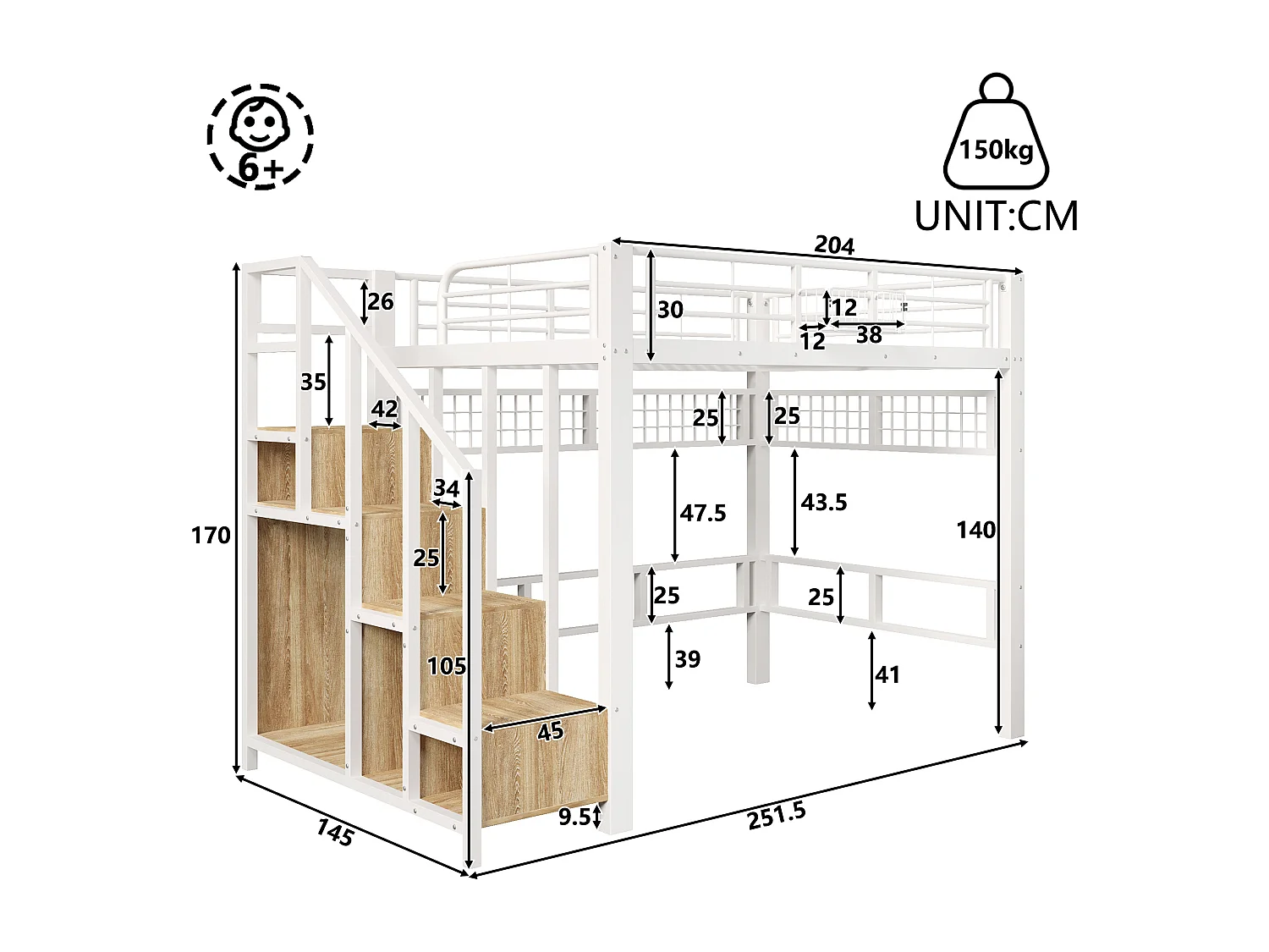 Lit mezzanine en métal pour enfant - 140 x 200 cm - avec Leds + escalier de rangement - blanc