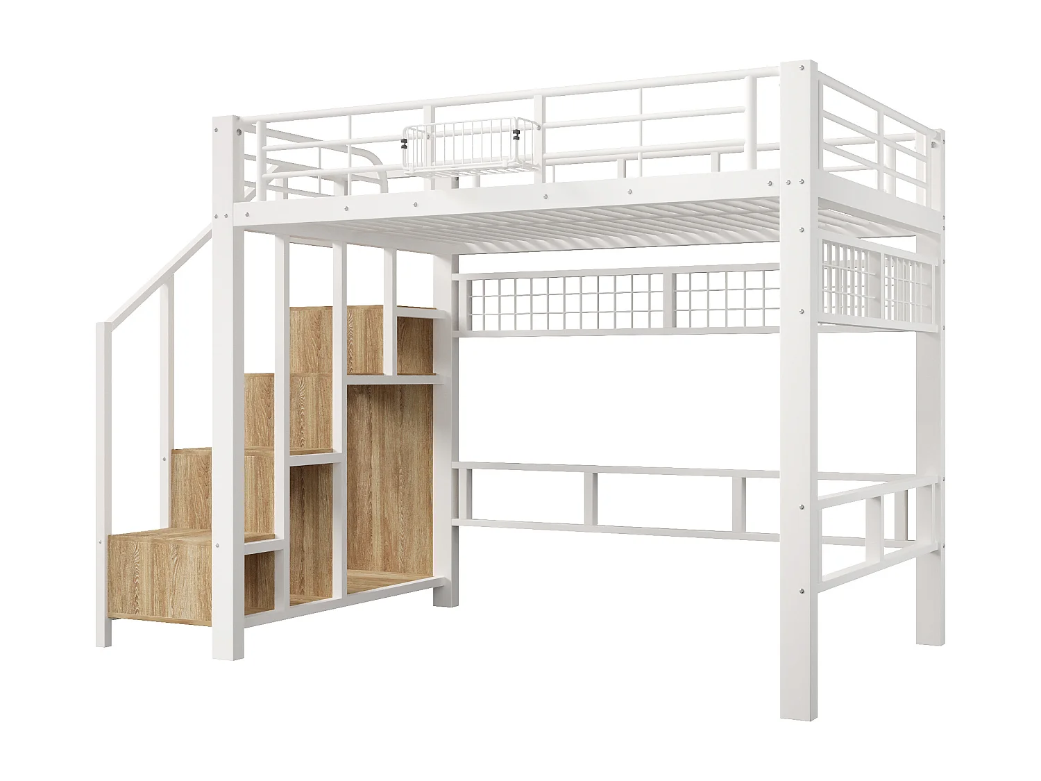 Lit mezzanine en métal pour enfant - 140 x 200 cm - avec Leds + escalier de rangement - blanc