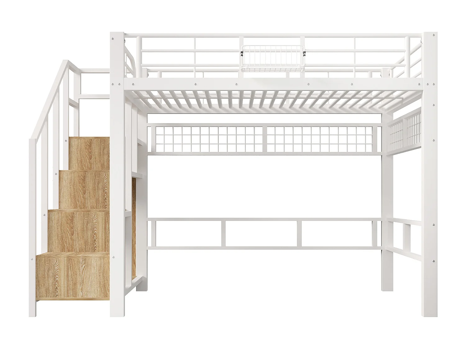 Lit mezzanine en métal pour enfant - 140 x 200 cm - avec Leds + escalier de rangement - blanc