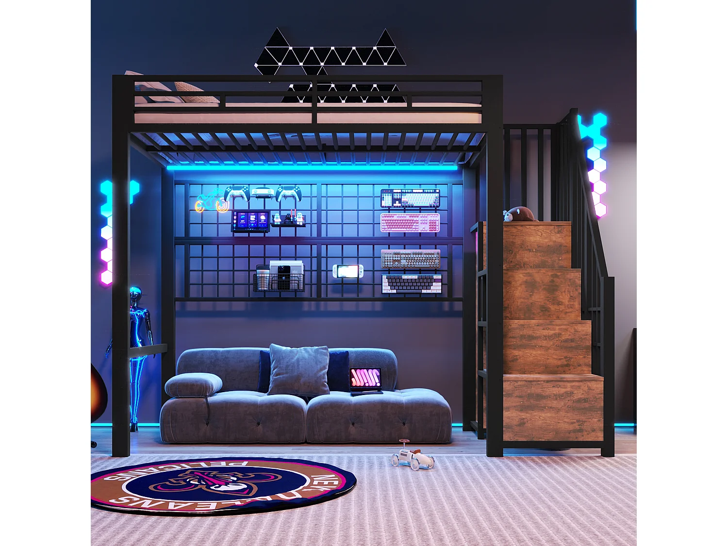 Hochbett mit Eisenrahmen – 90 x 200 cm – mit Kleiderschrank, Stauraumleiter und LED-Beleuchtung – Metall und MDF – schwarz