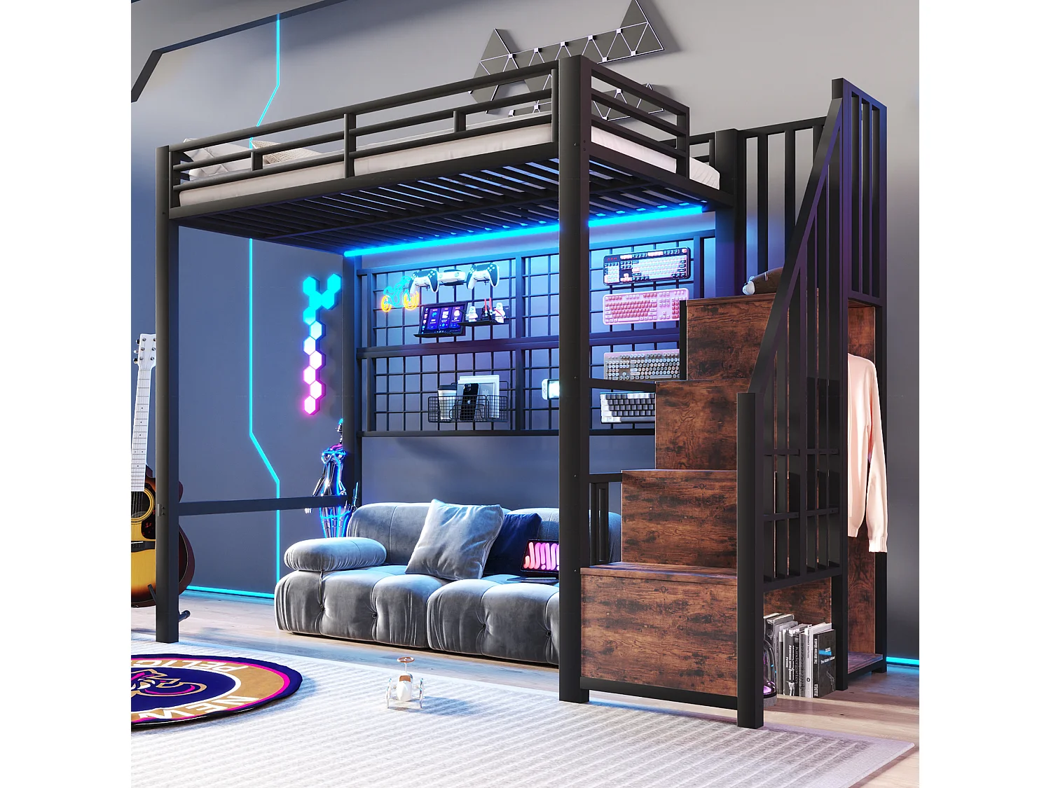 Hochbett mit Eisenrahmen – 90 x 200 cm – mit Kleiderschrank, Stauraumleiter und LED-Beleuchtung – Metall und MDF – schwarz