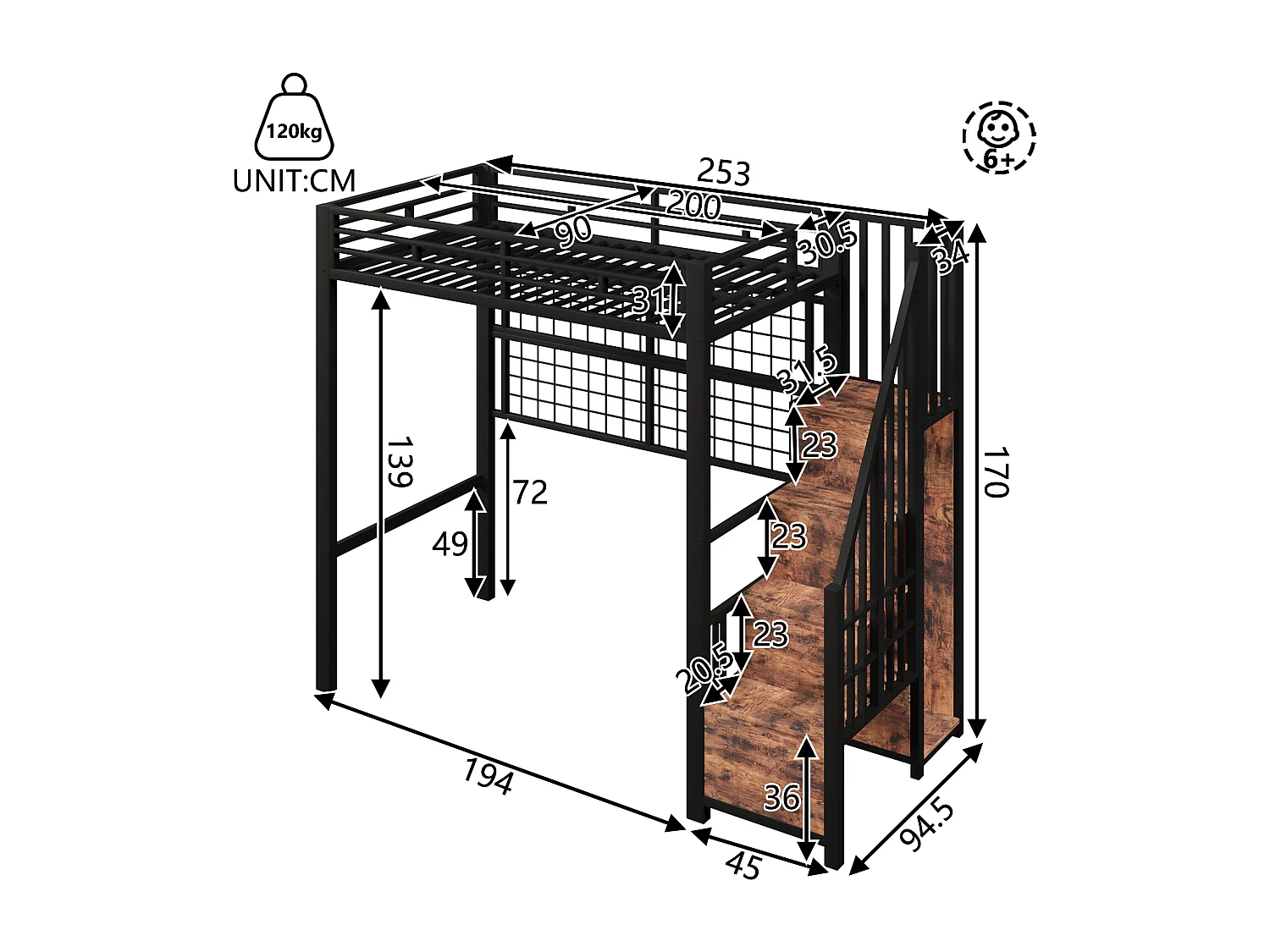 Hochbett mit Eisenrahmen – 90 x 200 cm – mit Kleiderschrank, Stauraumleiter und LED-Beleuchtung – Metall und MDF – schwarz
