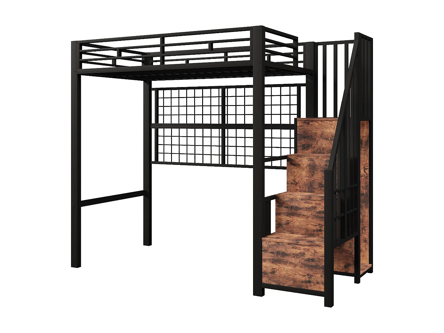 Hochbett mit Eisenrahmen – 90 x 200 cm – mit Kleiderschrank, Stauraumleiter und LED-Beleuchtung – Metall und MDF – schwarz