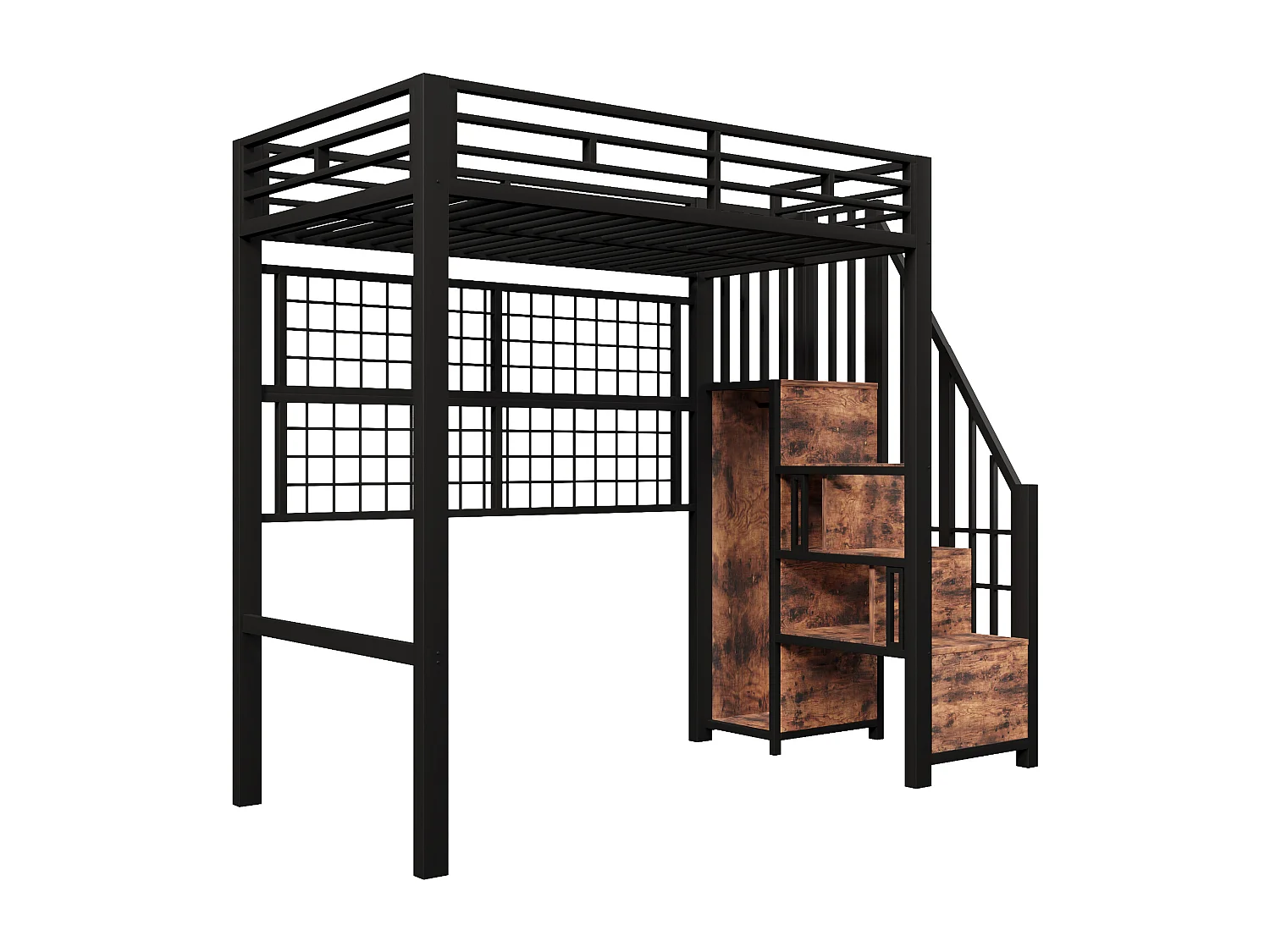 Hochbett mit Eisenrahmen – 90 x 200 cm – mit Kleiderschrank, Stauraumleiter und LED-Beleuchtung – Metall und MDF – schwarz