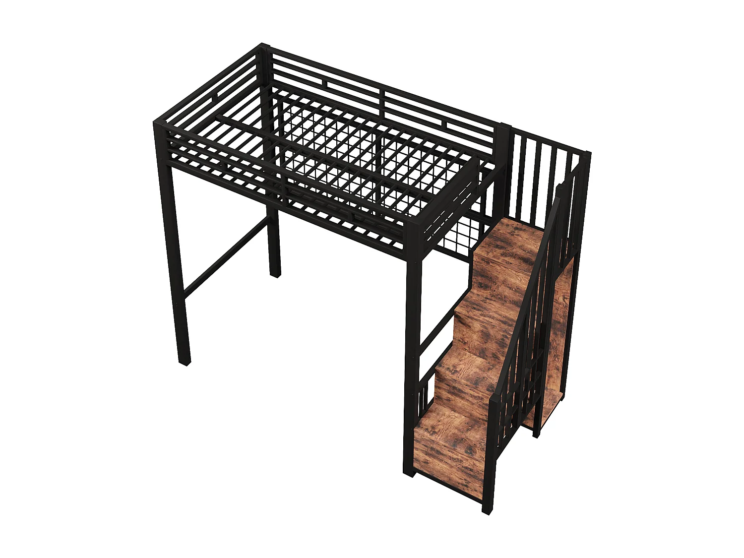 Hochbett mit Eisenrahmen – 90 x 200 cm – mit Kleiderschrank, Stauraumleiter und LED-Beleuchtung – Metall und MDF – schwarz