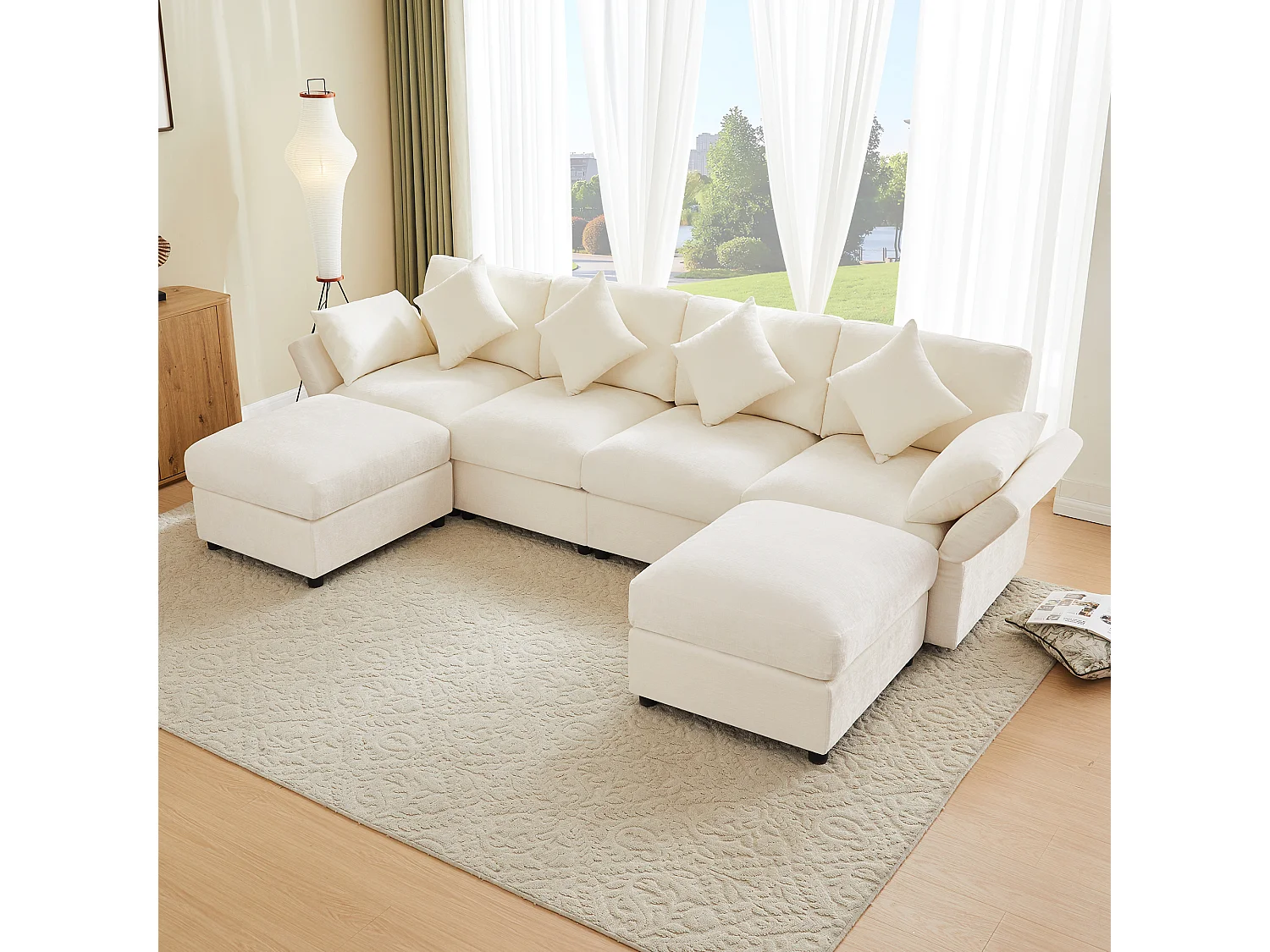 Ensemble canapé 6 places - 284 x 156.5 x 86 cm - avec 2 poufs + accoudoirs réglables + 4 coussins + 2 appuie-têtes - velours - beige