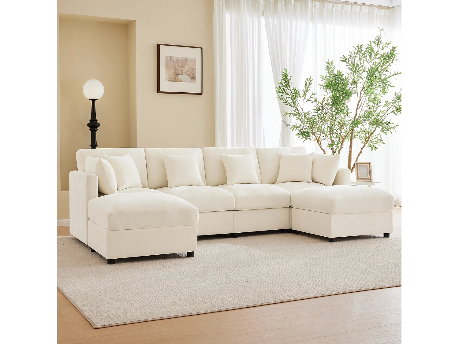 Ensemble canapé 6 places - 284 x 156.5 x 86 cm - avec 2 poufs + accoudoirs réglables + 4 coussins + 2 appuie-têtes - velours - beige