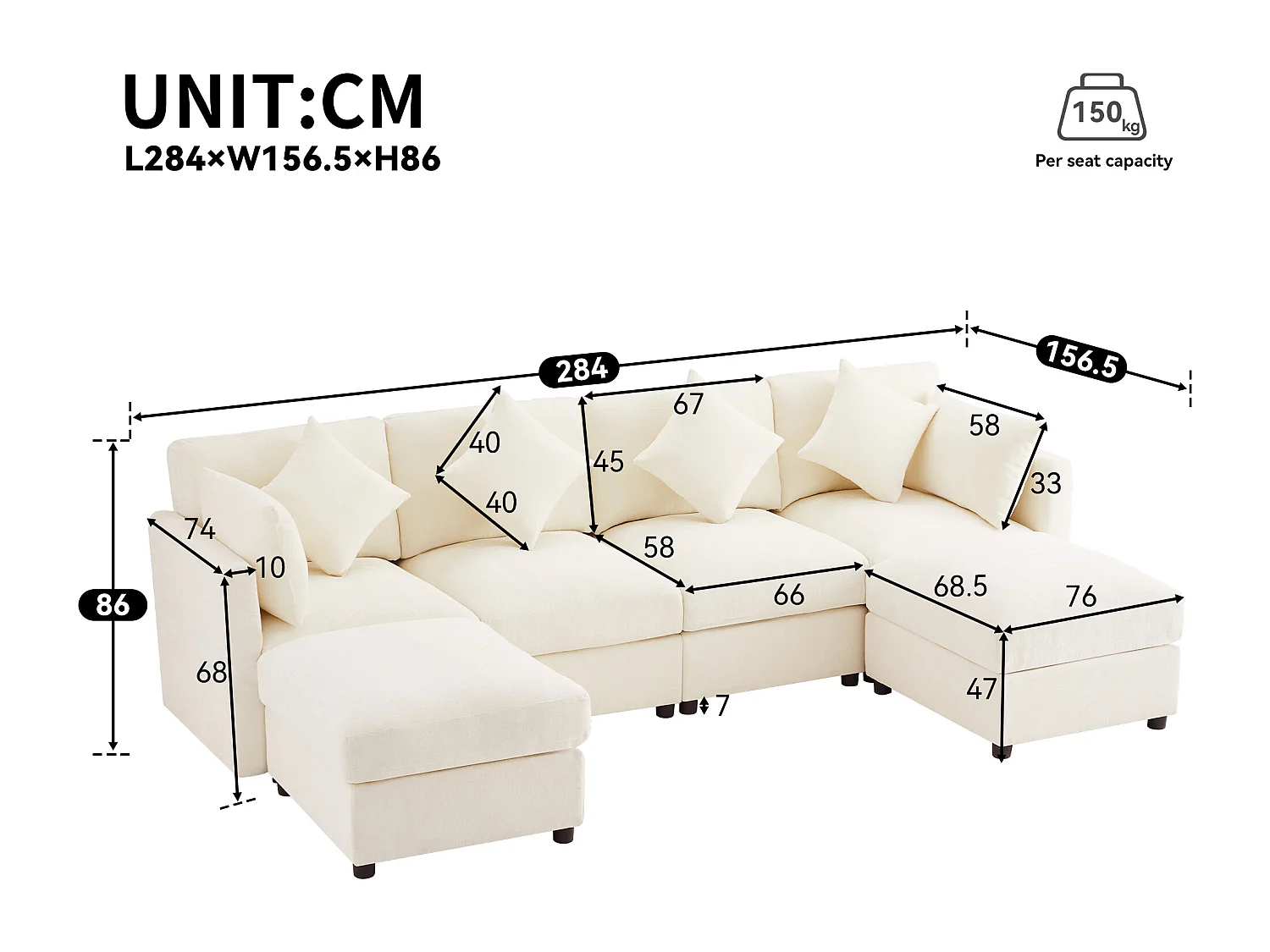 Ensemble canapé 6 places - 284 x 156.5 x 86 cm - avec 2 poufs + accoudoirs réglables + 4 coussins + 2 appuie-têtes - velours - beige