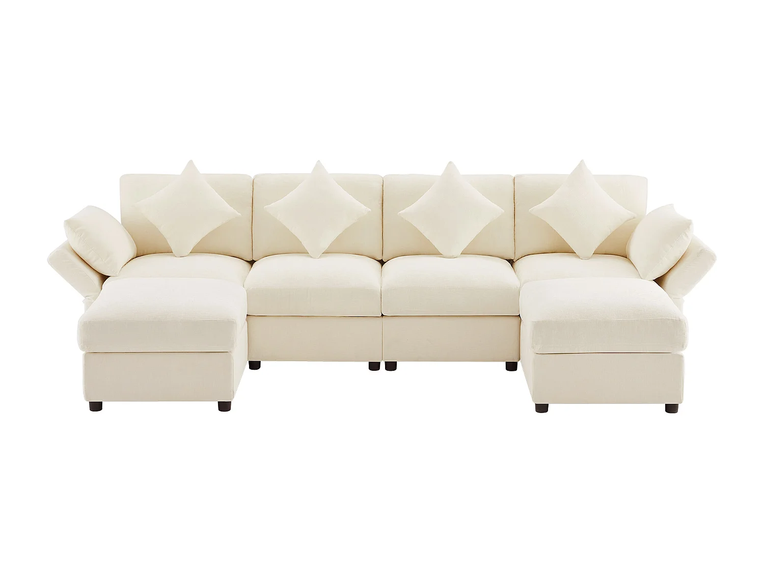 Ensemble canapé 6 places - 284 x 156.5 x 86 cm - avec 2 poufs + accoudoirs réglables + 4 coussins + 2 appuie-têtes - velours - beige