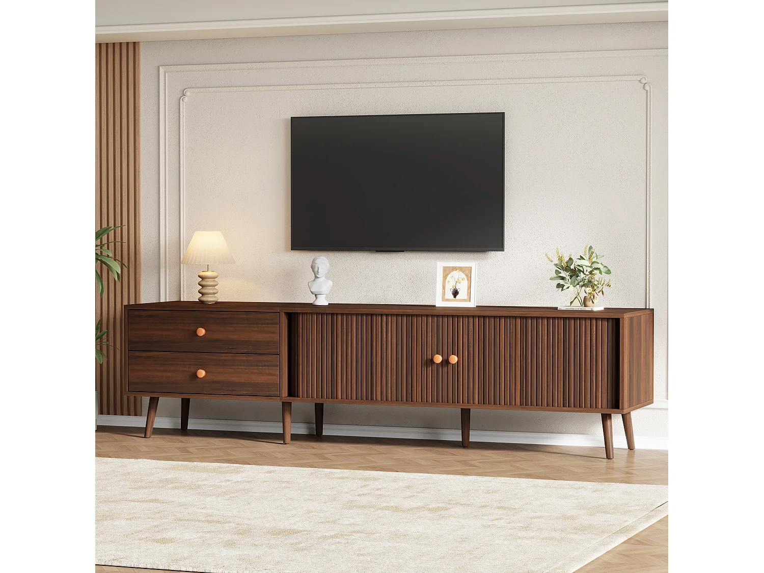 TV-Ständer in Walnussoptik – 180 x 40 x 46,5 cm – mit 2 Schubladen und 2 Schiebetüren – für 80-Zoll-Fernseher – MDF – braun