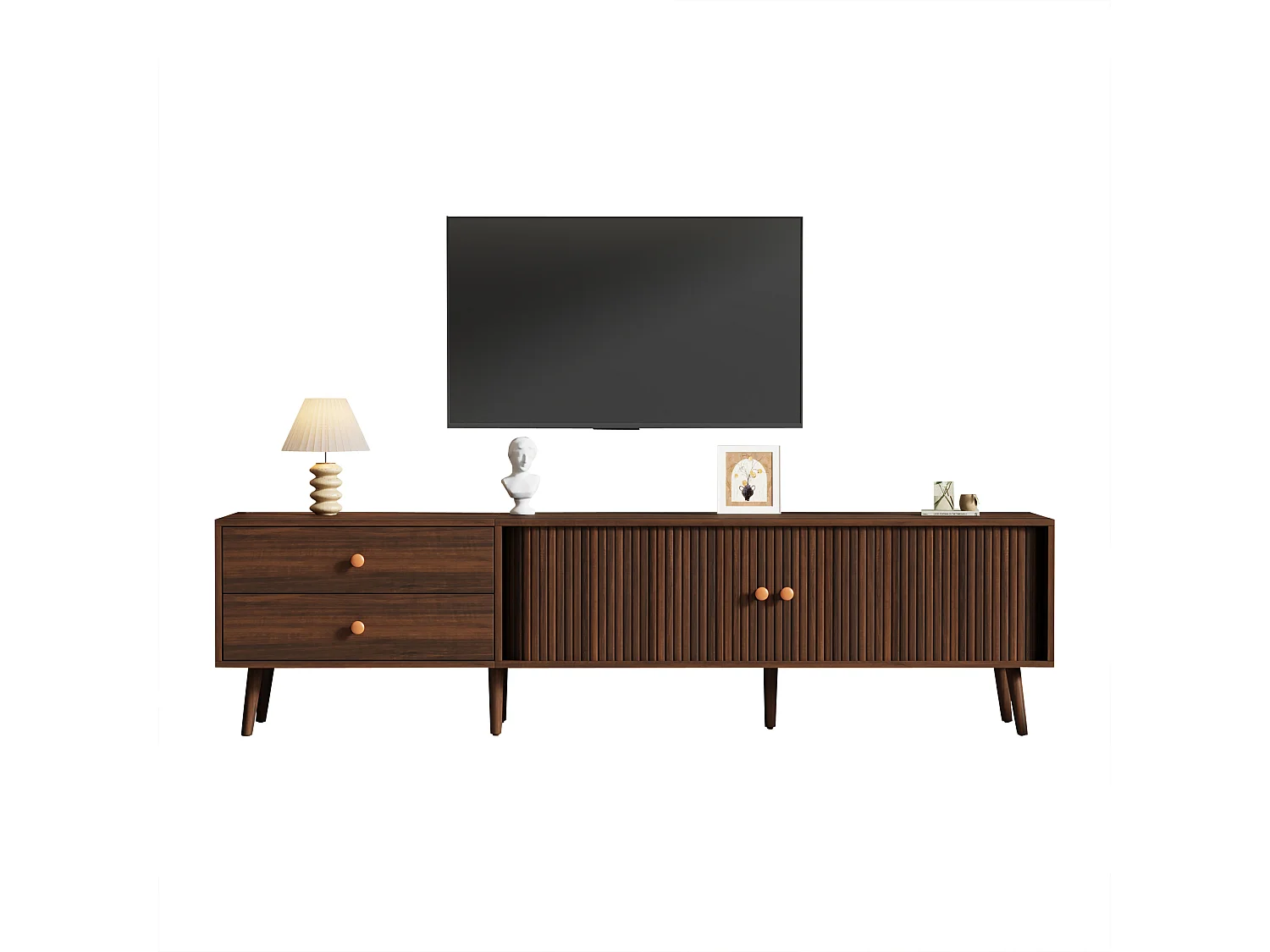 TV-Ständer in Walnussoptik – 180 x 40 x 46,5 cm – mit 2 Schubladen und 2 Schiebetüren – für 80-Zoll-Fernseher – MDF – braun