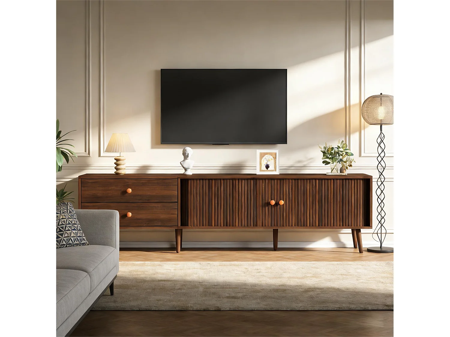 TV-Ständer in Walnussoptik – 180 x 40 x 46,5 cm – mit 2 Schubladen und 2 Schiebetüren – für 80-Zoll-Fernseher – MDF – braun