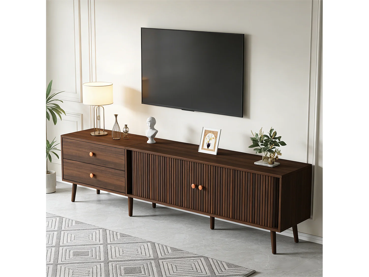 TV-Ständer in Walnussoptik – 180 x 40 x 46,5 cm – mit 2 Schubladen und 2 Schiebetüren – für 80-Zoll-Fernseher – MDF – braun