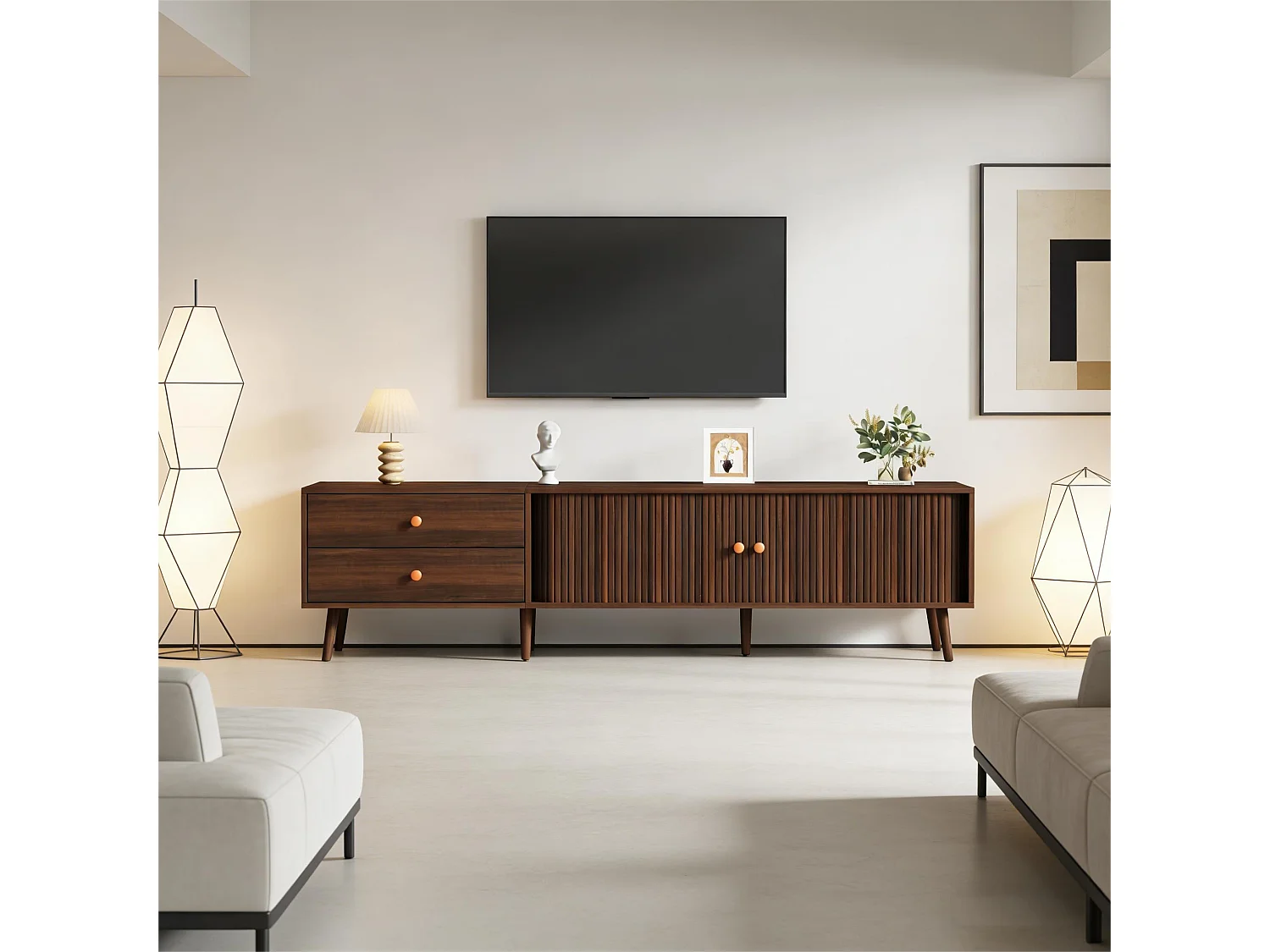 TV-Ständer in Walnussoptik – 180 x 40 x 46,5 cm – mit 2 Schubladen und 2 Schiebetüren – für 80-Zoll-Fernseher – MDF – braun