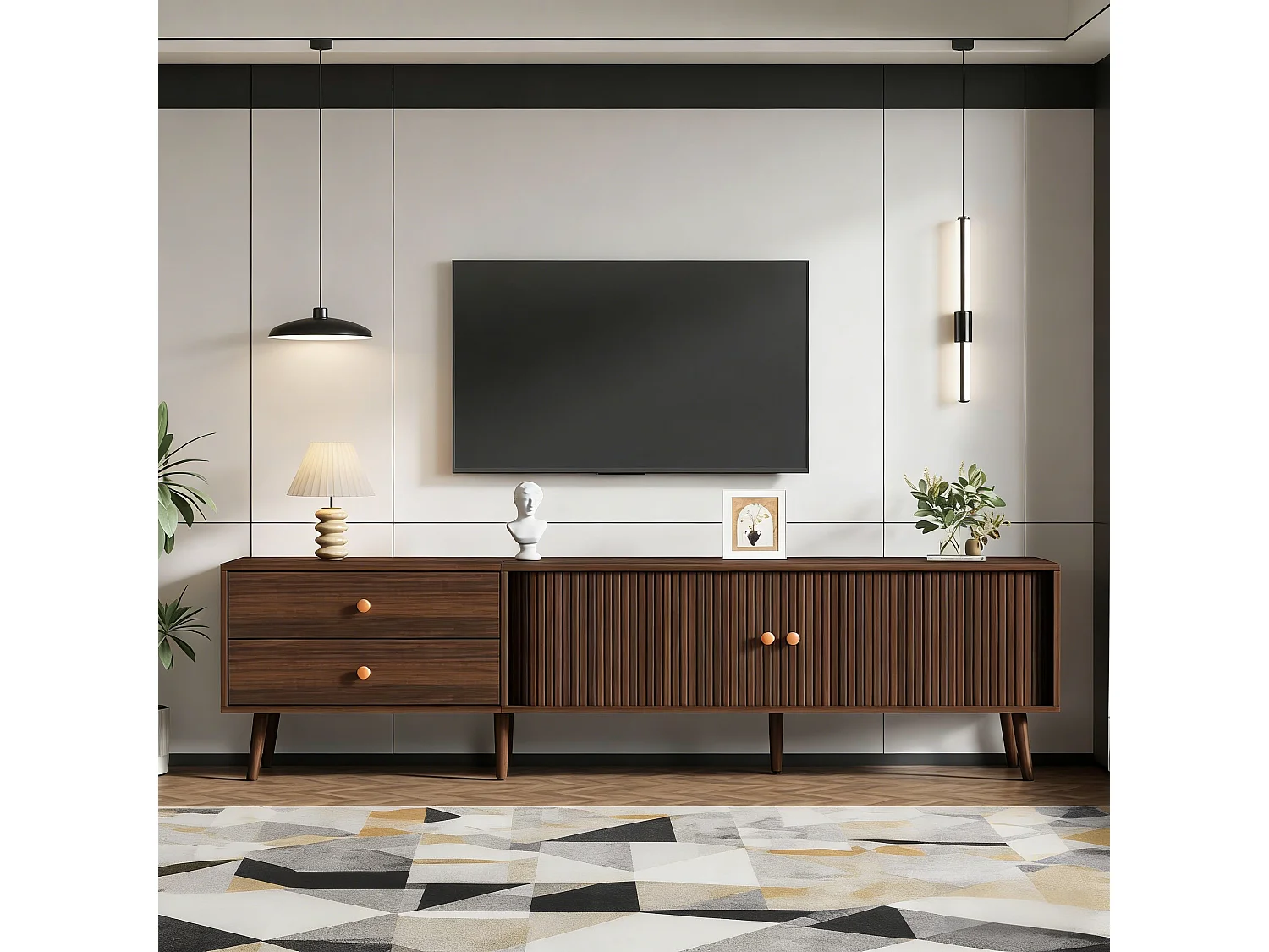 TV-Ständer in Walnussoptik – 180 x 40 x 46,5 cm – mit 2 Schubladen und 2 Schiebetüren – für 80-Zoll-Fernseher – MDF – braun