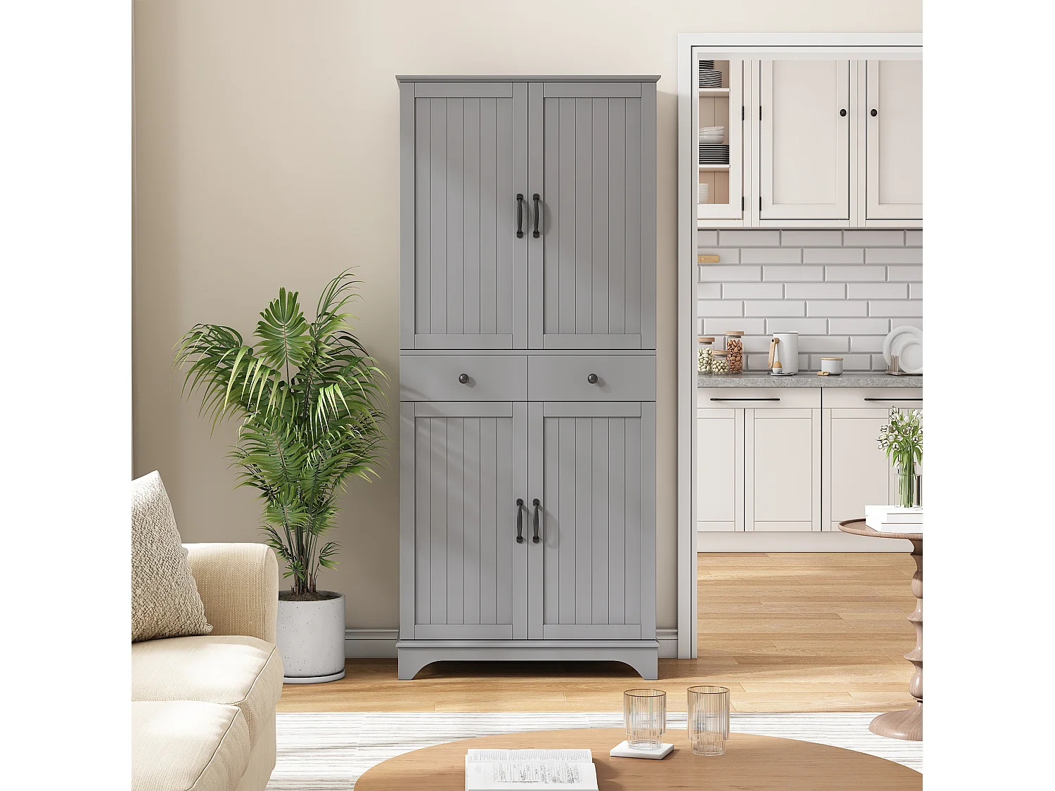 Buffet haut de cuisine moderne - 77 x 40 x 181 cm - avec étagères + tiroirs + 4 portes - MDF - gris