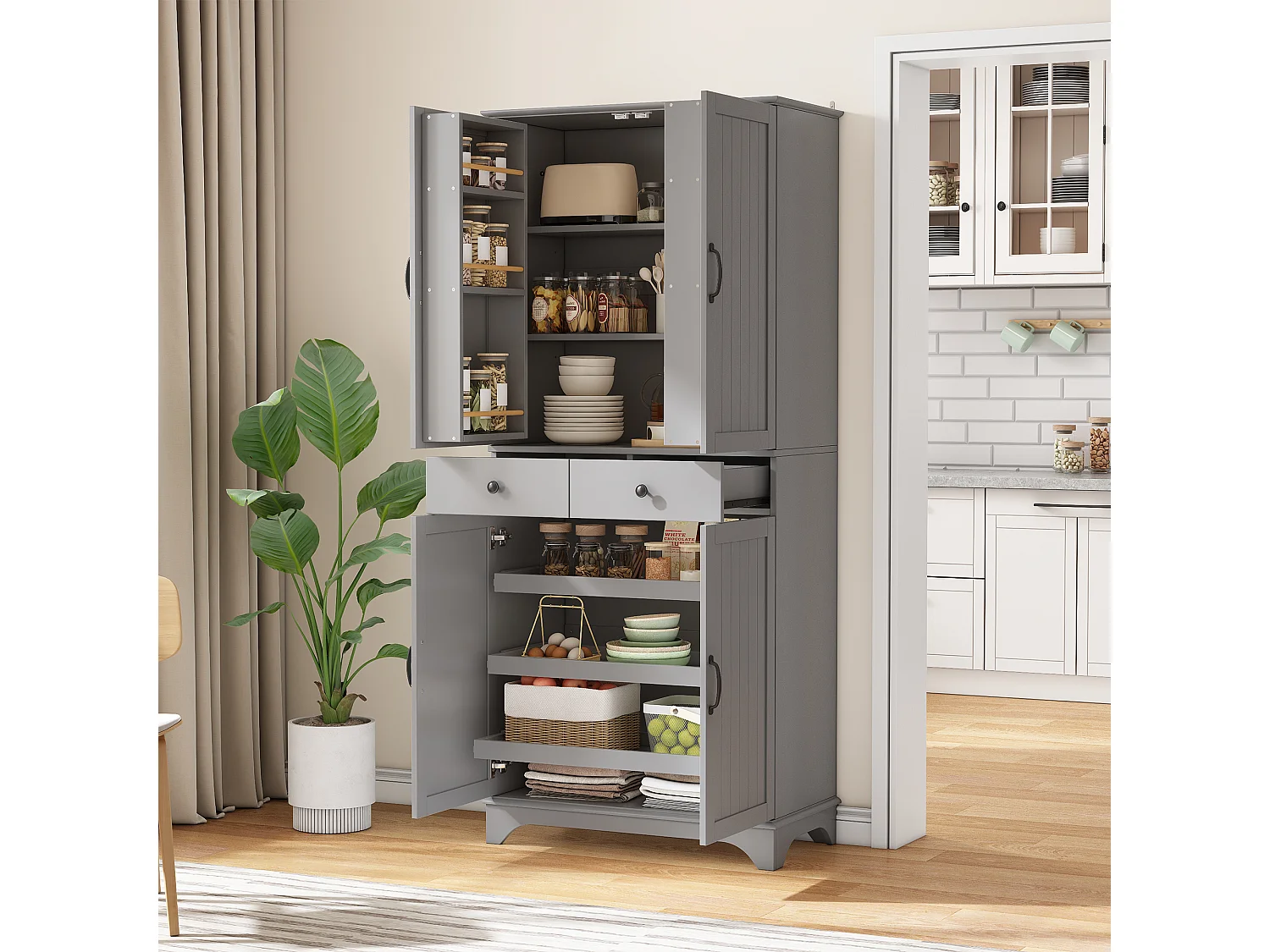 Buffet haut de cuisine moderne - 77 x 40 x 181 cm - avec étagères + tiroirs + 4 portes - MDF - gris