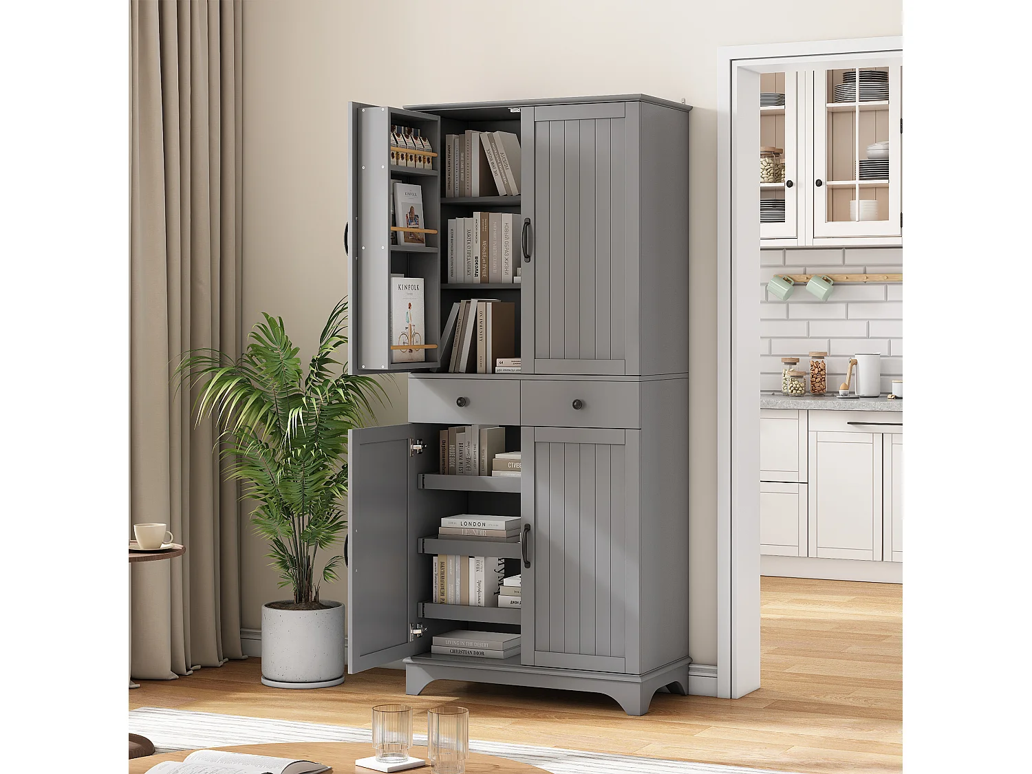 Buffet haut de cuisine moderne - 77 x 40 x 181 cm - avec étagères + tiroirs + 4 portes - MDF - gris