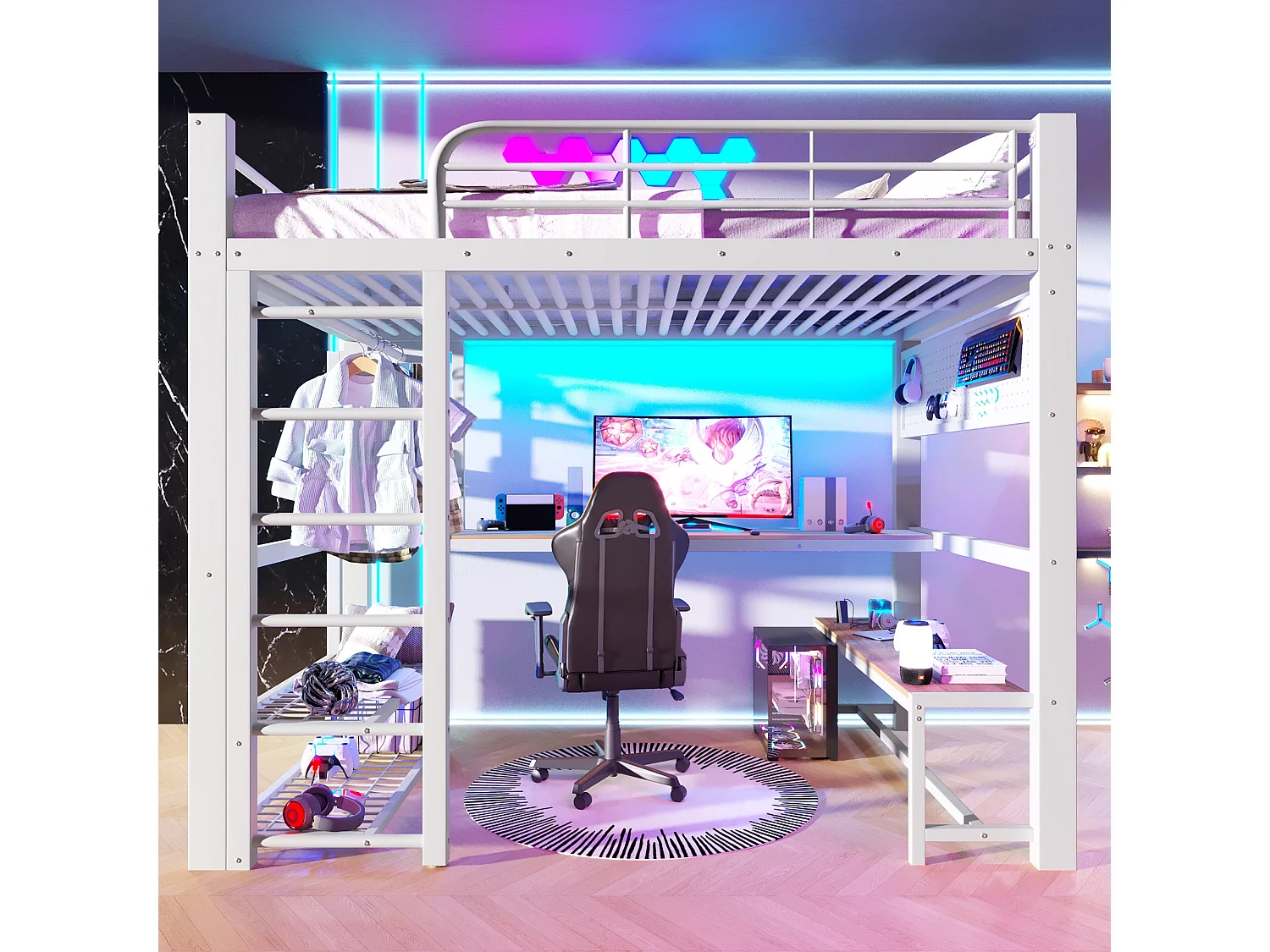 Hochbett aus Metall für Kinder – 140 x 200 cm – mit LED-Beleuchtung, Ablagefächern, Schreibtisch und Wäscheständer – weiß