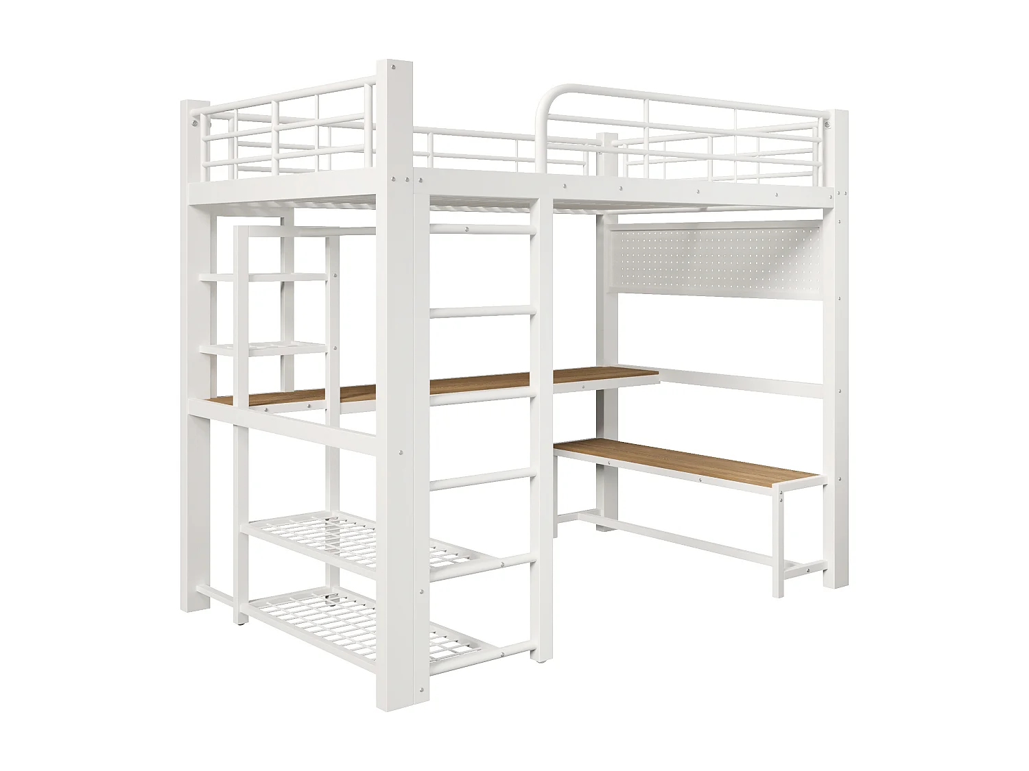 Hochbett aus Metall für Kinder – 140 x 200 cm – mit LED-Beleuchtung, Ablagefächern, Schreibtisch und Wäscheständer – weiß