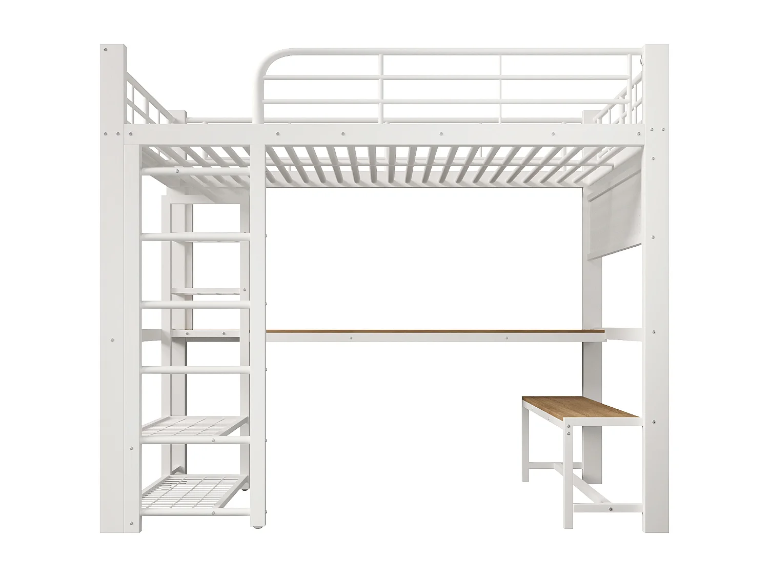 Hochbett aus Metall für Kinder – 140 x 200 cm – mit LED-Beleuchtung, Ablagefächern, Schreibtisch und Wäscheständer – weiß