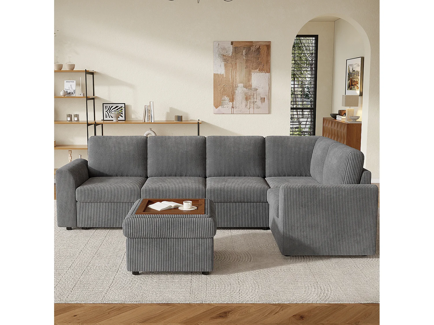 Ensemble Canapé d'angle - 160 x 40 x 82 cm - avec accoudoirs + 1 tabouret mobile de rangment - chenille - gris