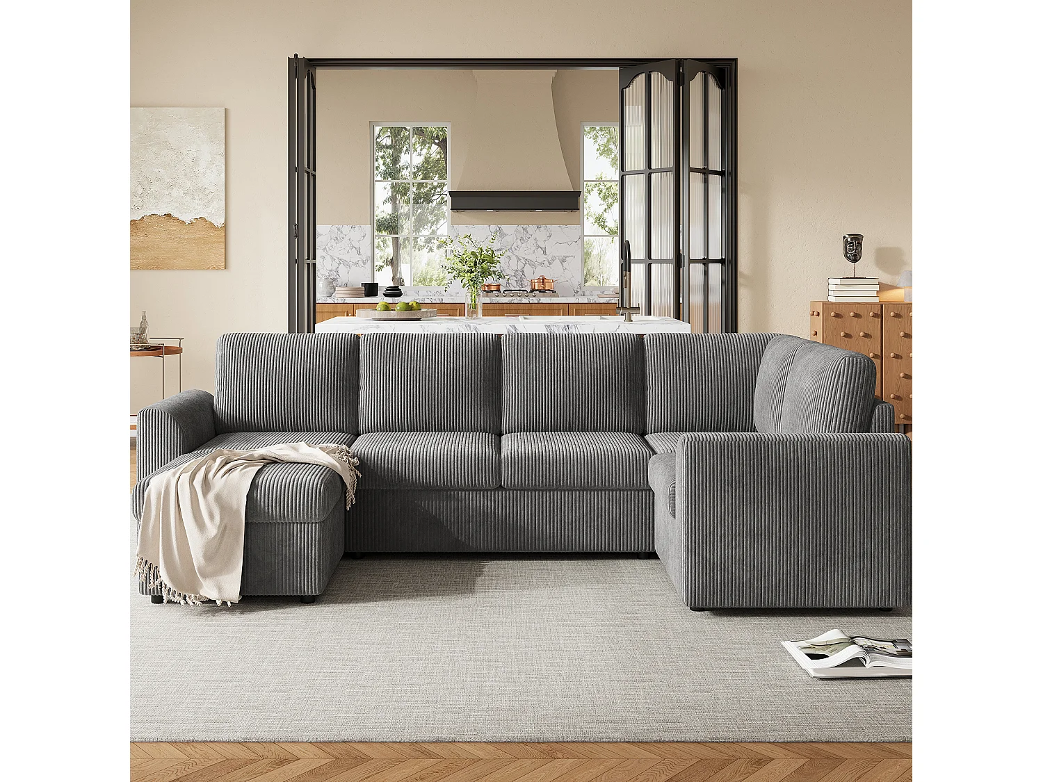 Ensemble Canapé d'angle - 160 x 40 x 82 cm - avec accoudoirs + 1 tabouret mobile de rangment - chenille - gris