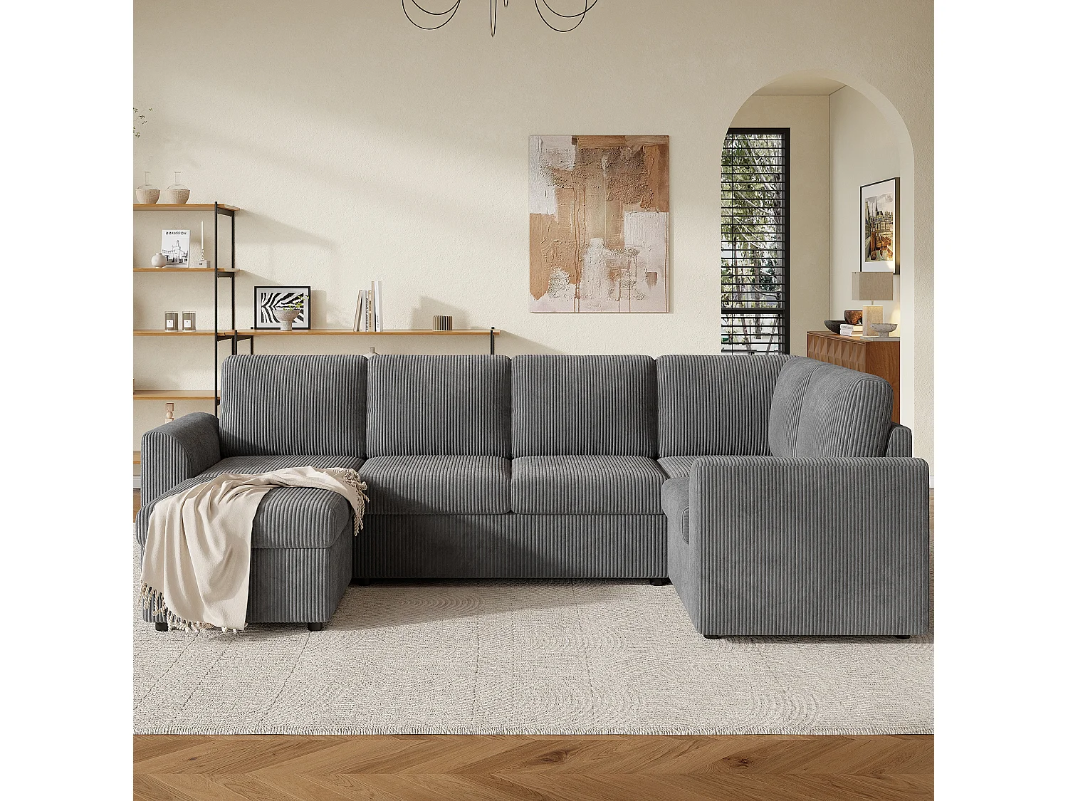 Ensemble Canapé d'angle - 160 x 40 x 82 cm - avec accoudoirs + 1 tabouret mobile de rangment - chenille - gris