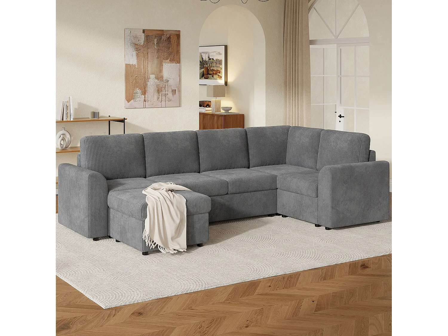 Ensemble Canapé d'angle - 160 x 40 x 82 cm - avec accoudoirs + 1 tabouret mobile de rangment - chenille - gris