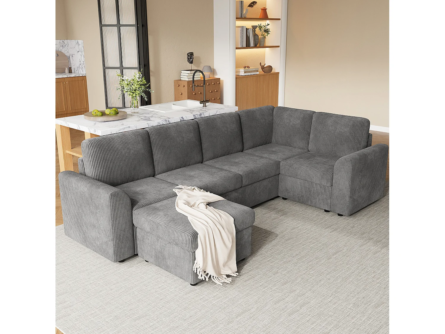 Ensemble Canapé d'angle - 160 x 40 x 82 cm - avec accoudoirs + 1 tabouret mobile de rangment - chenille - gris