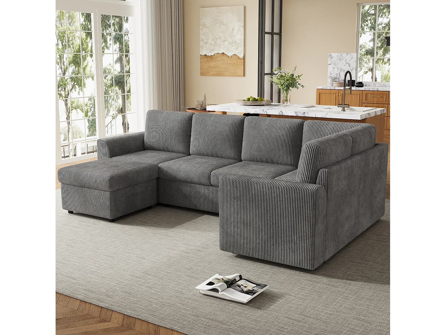 Ensemble Canapé d'angle - 160 x 40 x 82 cm - avec accoudoirs + 1 tabouret mobile de rangment - chenille - gris