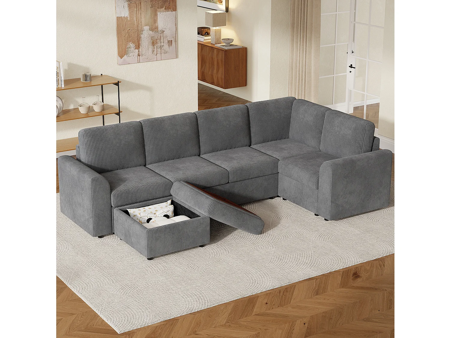 Ensemble Canapé d'angle - 160 x 40 x 82 cm - avec accoudoirs + 1 tabouret mobile de rangment - chenille - gris