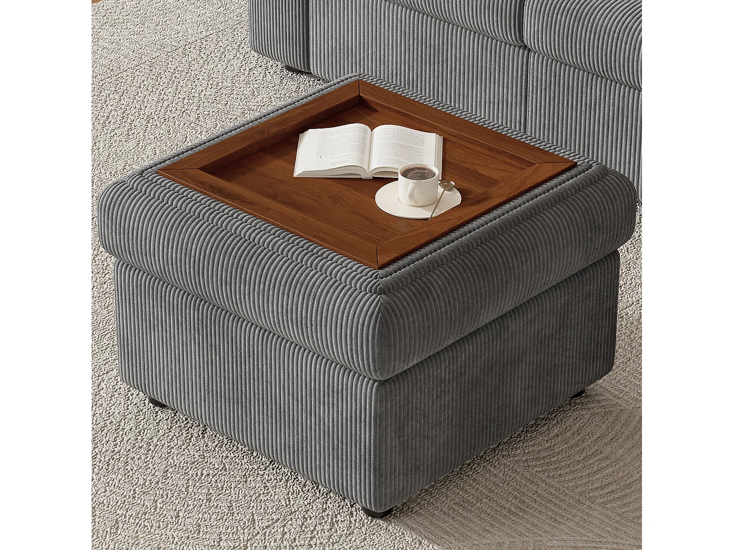 Ensemble Canapé d'angle - 160 x 40 x 82 cm - avec accoudoirs + 1 tabouret mobile de rangment - chenille - gris