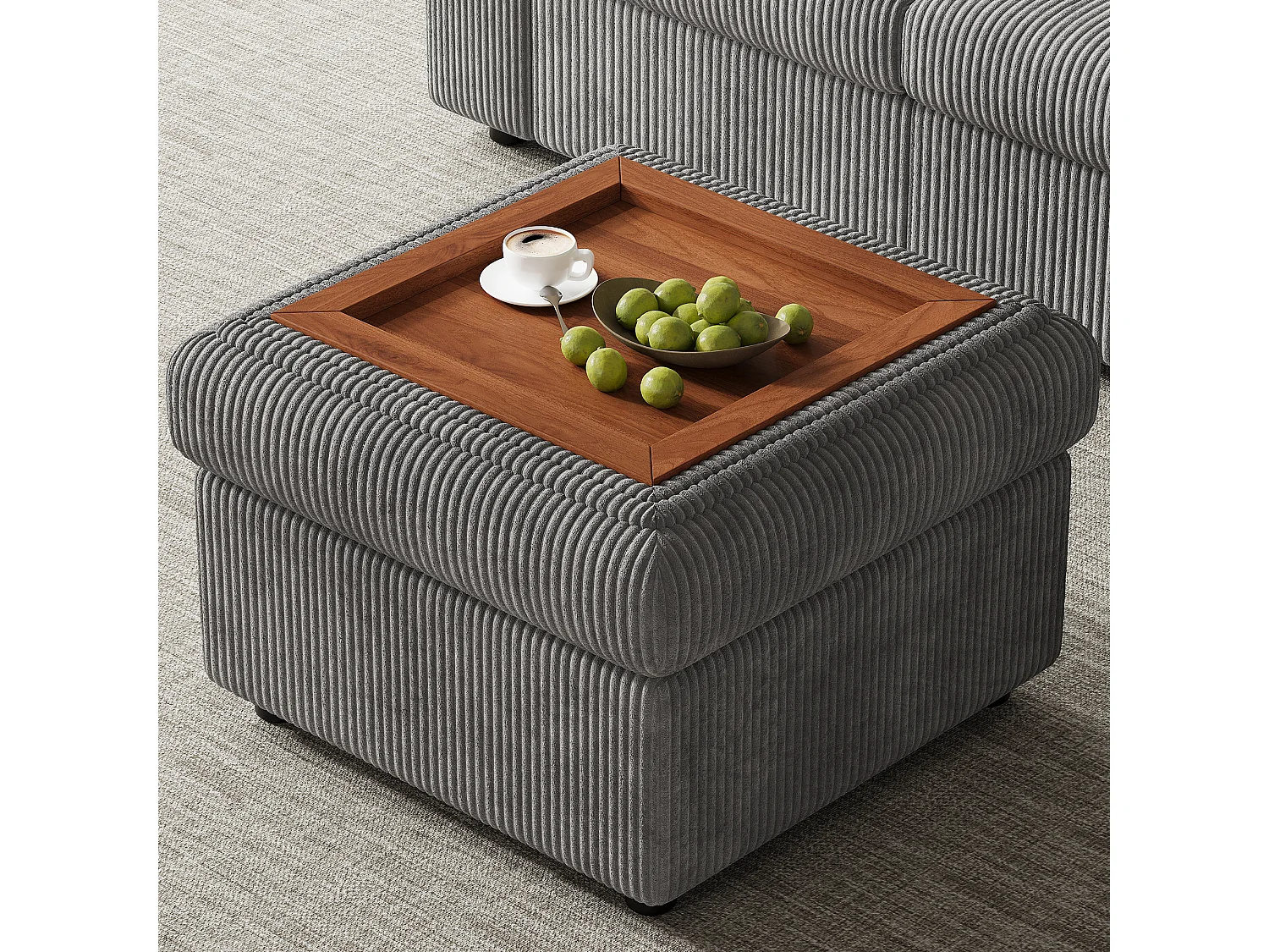 Ensemble Canapé d'angle - 160 x 40 x 82 cm - avec accoudoirs + 1 tabouret mobile de rangment - chenille - gris