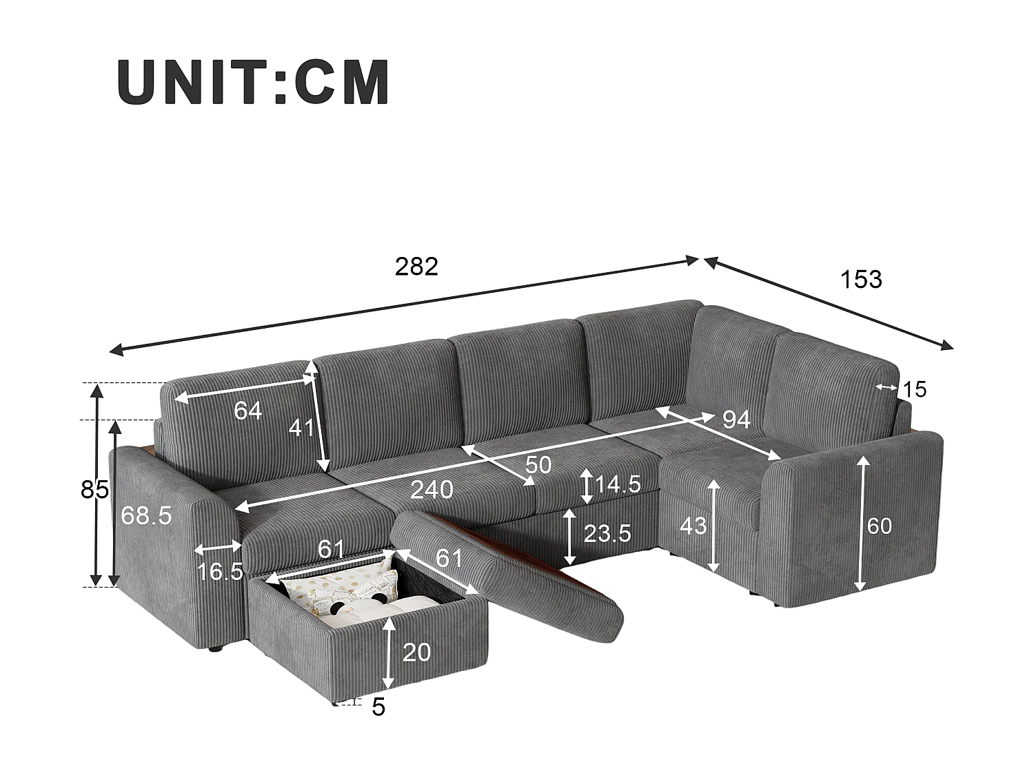 Ensemble Canapé d'angle - 160 x 40 x 82 cm - avec accoudoirs + 1 tabouret mobile de rangment - chenille - gris