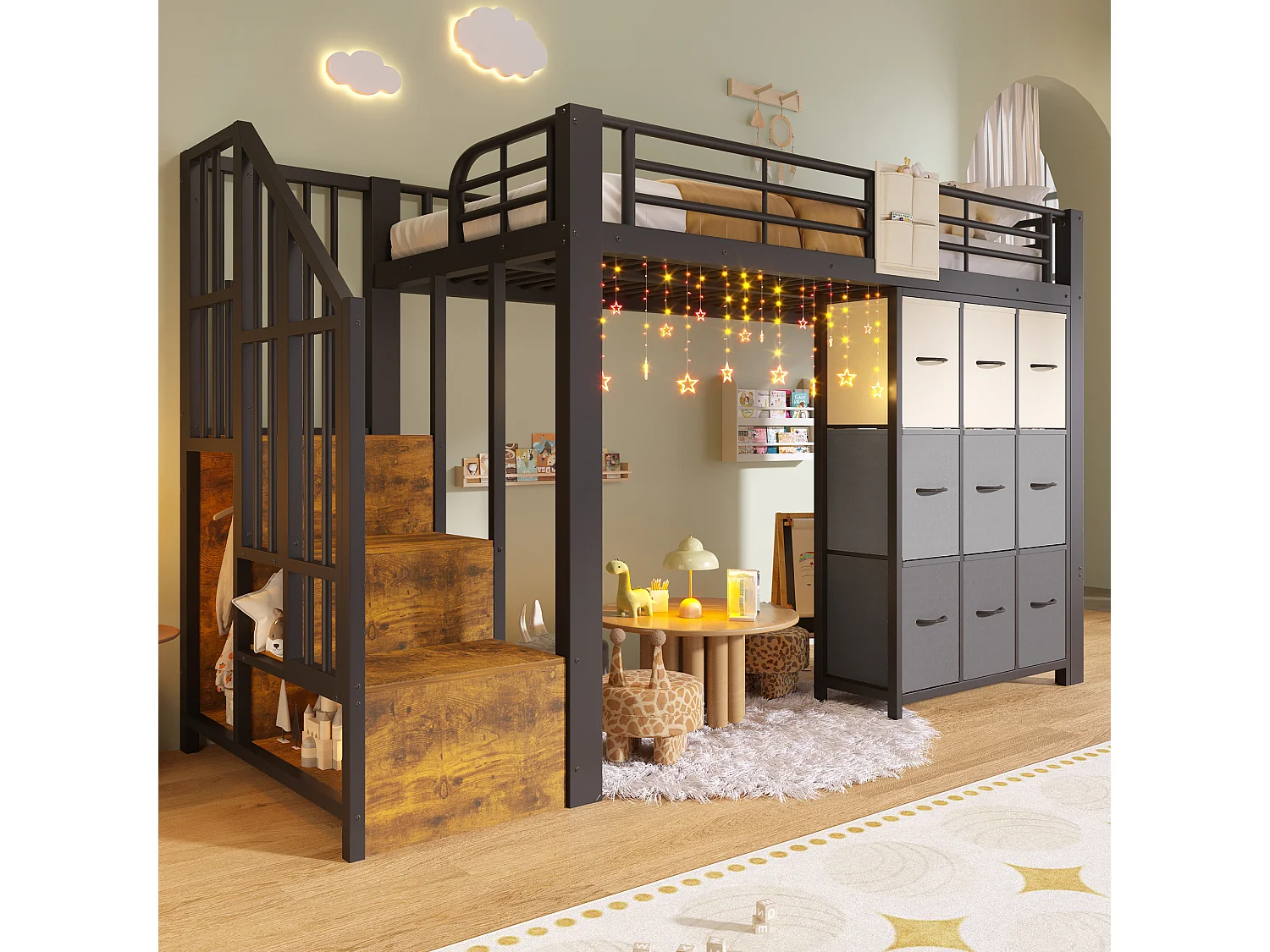 Lit mezzanine en métal - 90 x 200 cm - avec commode à 9 tiroirs + penderie + escalier avec rangement - noir