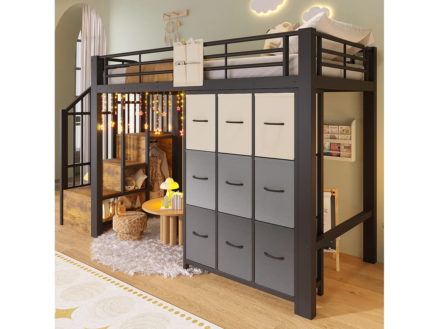 Lit mezzanine en métal - 90 x 200 cm - avec commode à 9 tiroirs + penderie + escalier avec rangement - noir