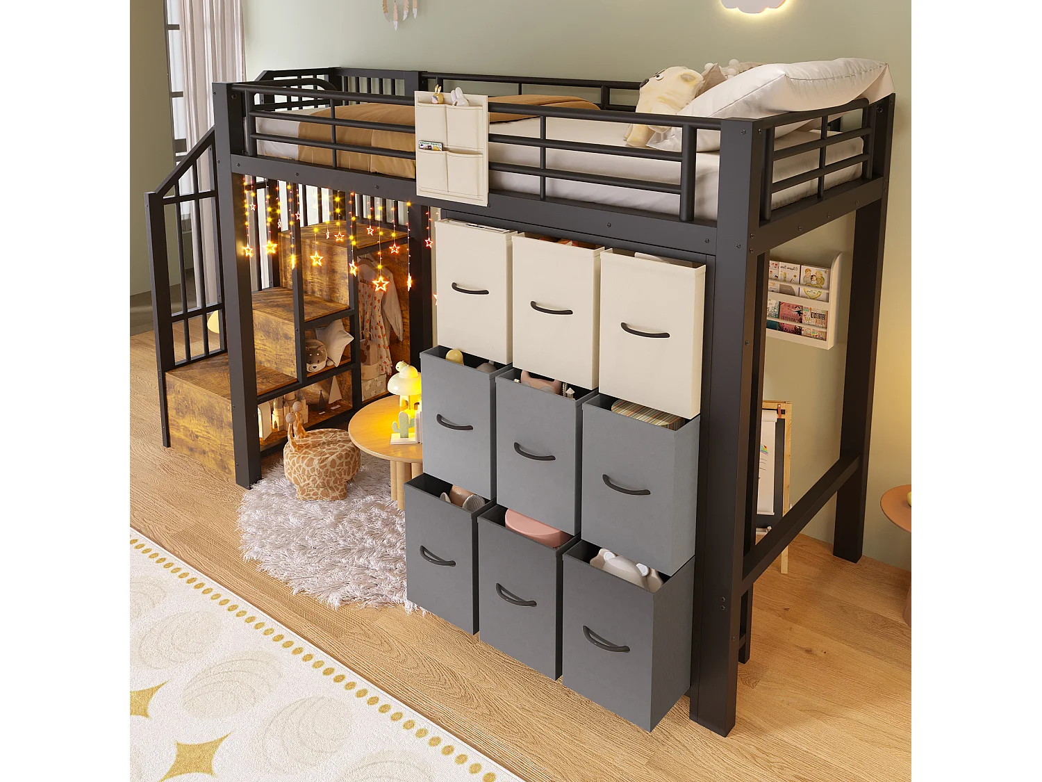 Lit mezzanine en métal - 90 x 200 cm - avec commode à 9 tiroirs + penderie + escalier avec rangement - noir