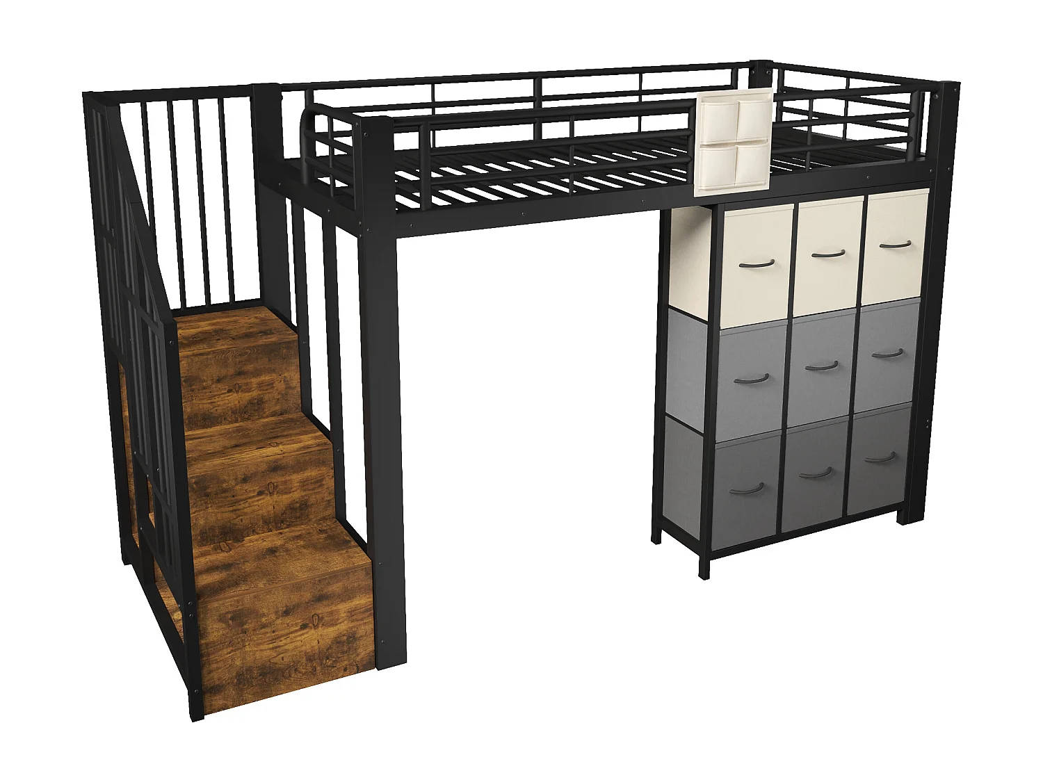 Lit mezzanine en métal - 90 x 200 cm - avec commode à 9 tiroirs + penderie + escalier avec rangement - noir