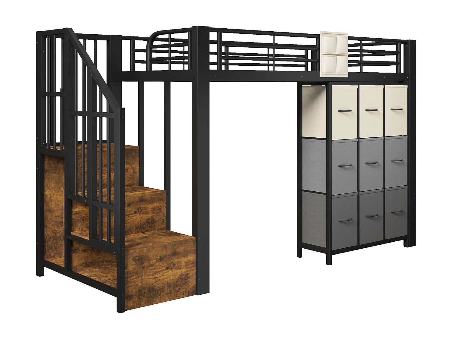 Lit mezzanine en métal - 90 x 200 cm - avec commode à 9 tiroirs + penderie + escalier avec rangement - noir