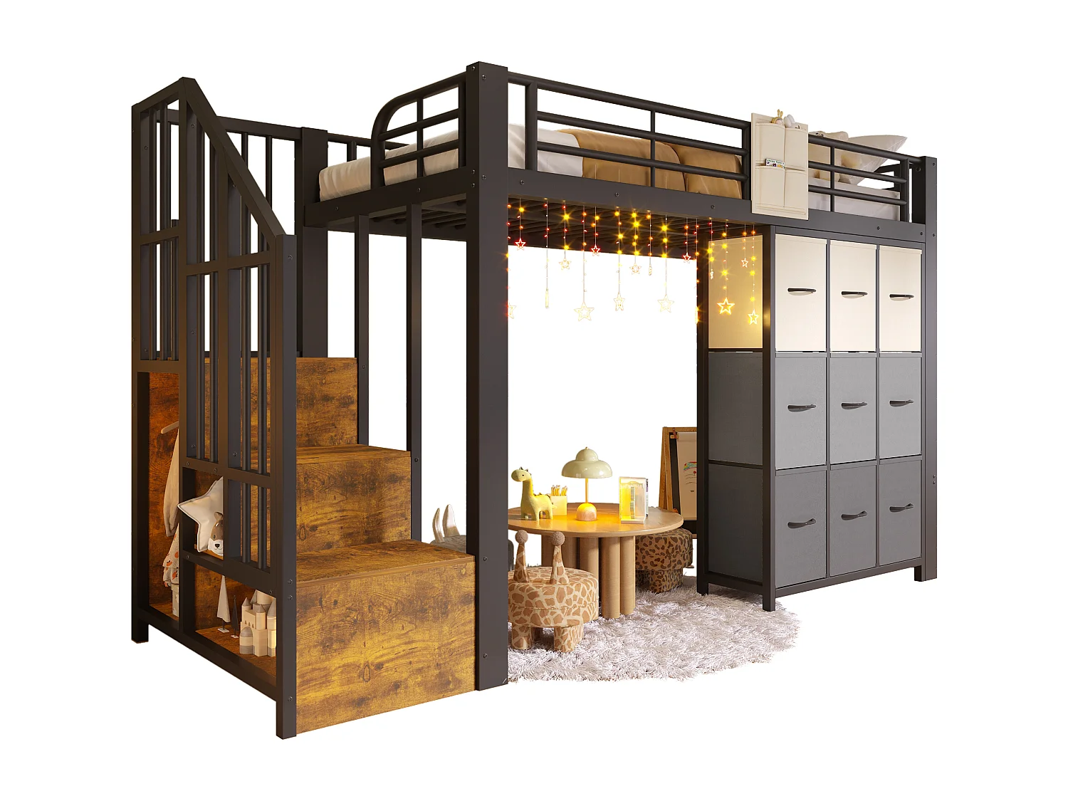 Lit mezzanine en métal - 90 x 200 cm - avec commode à 9 tiroirs + penderie + escalier avec rangement - noir